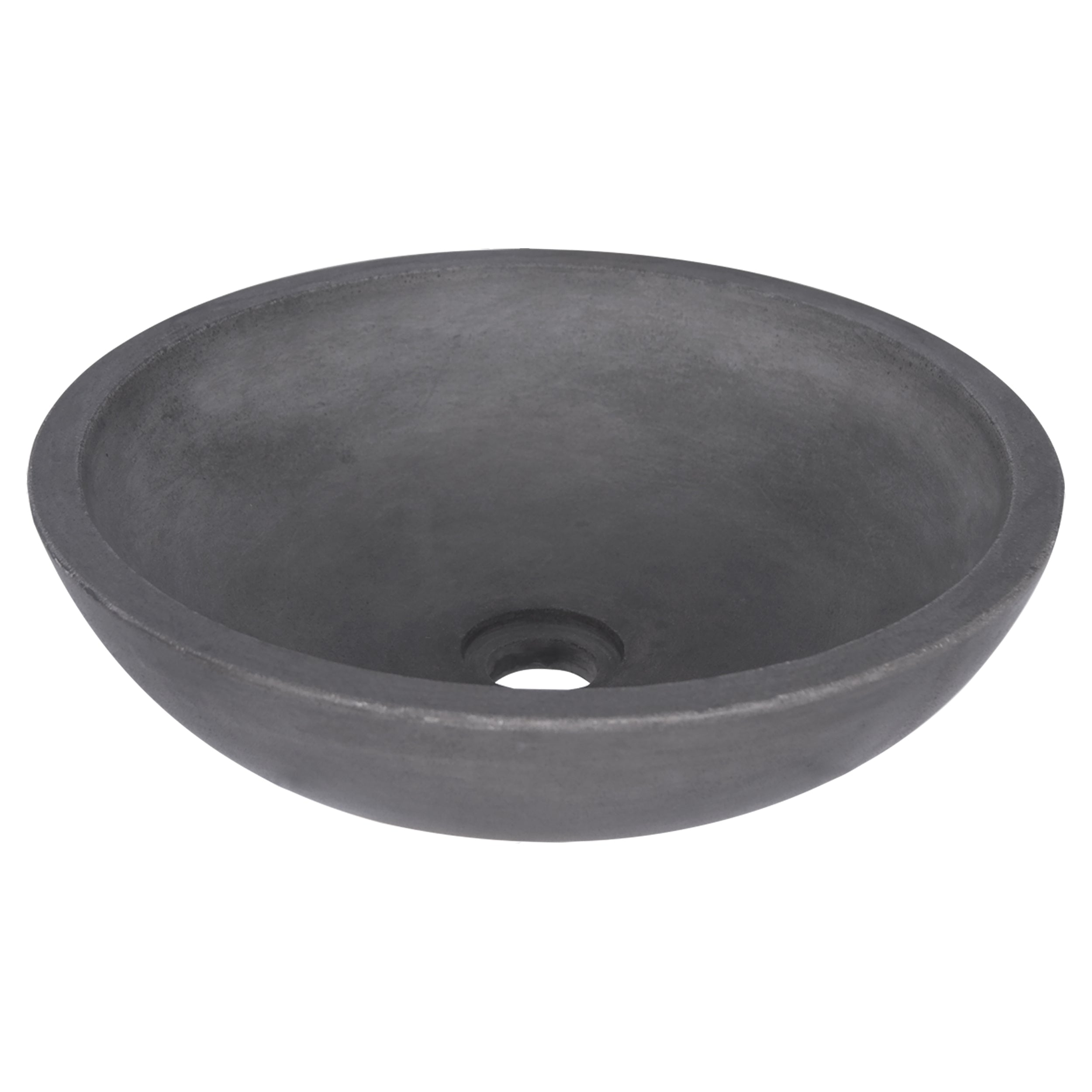 ronde lichtgrijze betonnen waskom op een houten wastafelblad