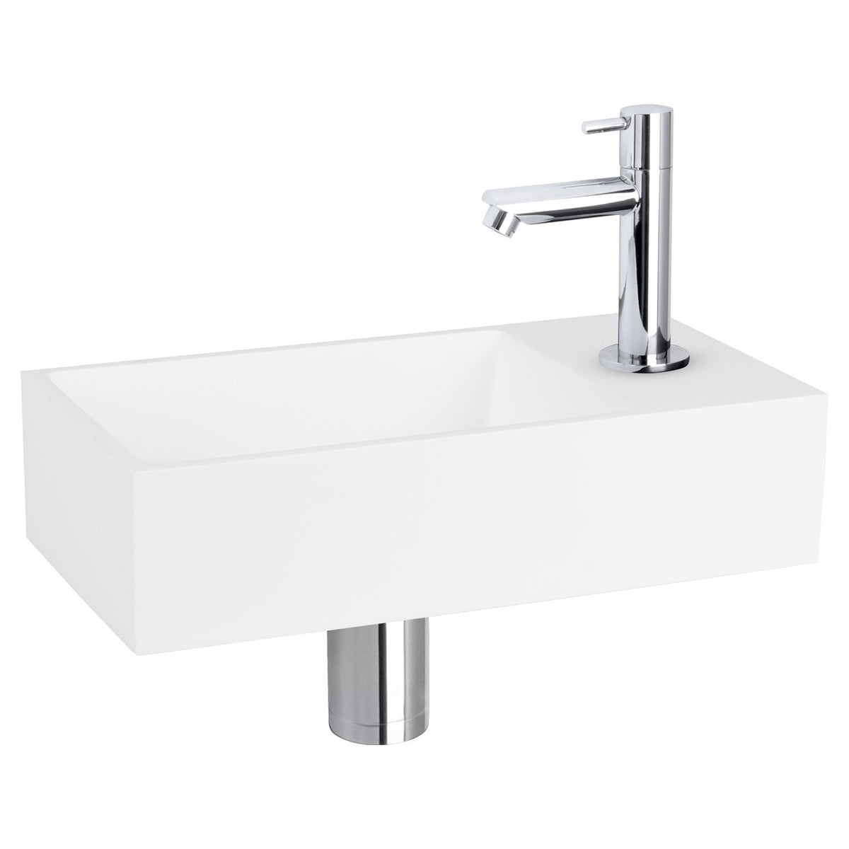 moderne solid surface fonteinset wit met zwarte kraan