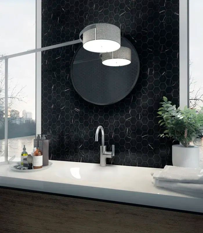 The Mosaic Factory Amsterdam Mozaiek Tegel Vierkant - Nero Marble Print Matt - Mozaiektegel.com