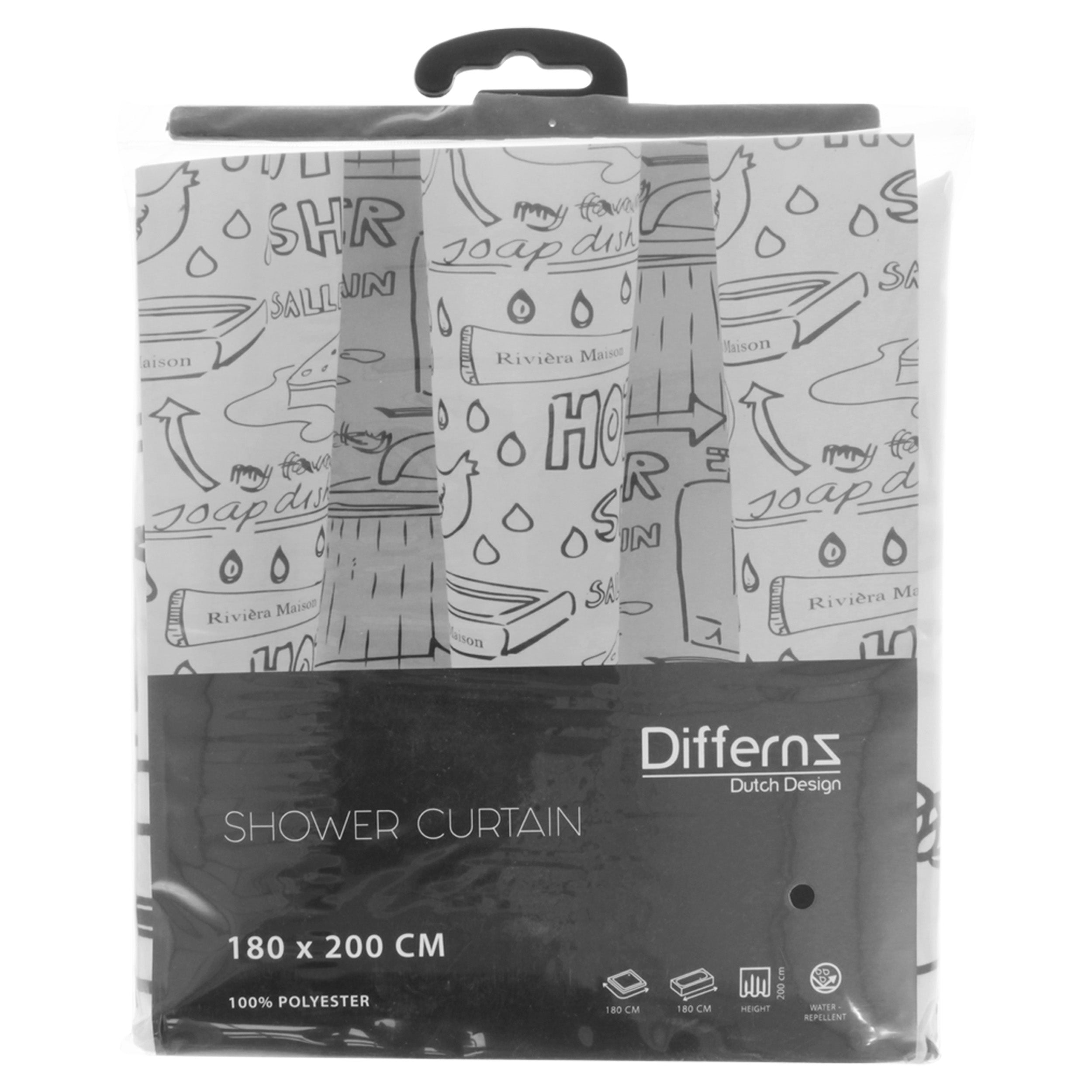 Differnz Bath douchegordijn 100% polyester - verzwaarde onderzoom - 180 x 200 cm - zwart - Mozaiektegel.com