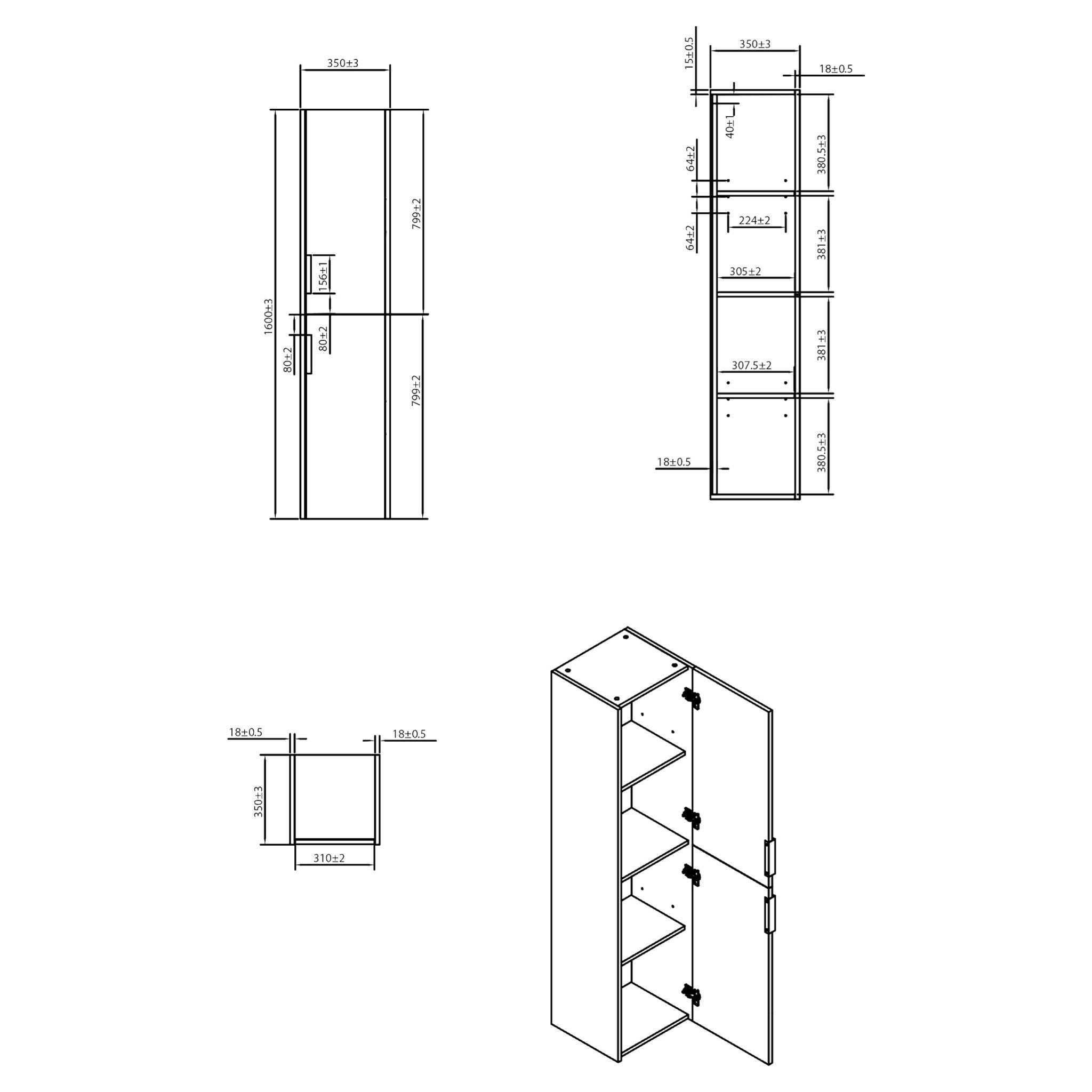 Differnz Bolo hoge kast knock - down - links/rechts - FSC® | hoogglans wit | 160 x 35 x 35 cm - Mozaiektegel.com
