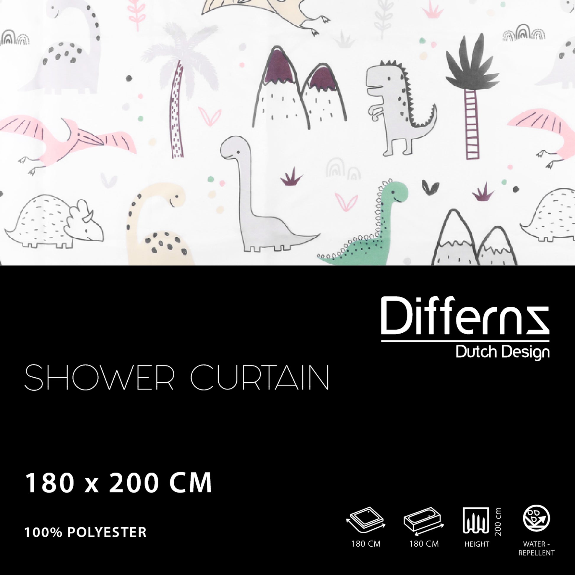 Differnz Dino douchegordijn 100% polyester - verzwaarde onderzoom - 180 x 200 cm - multi - Mozaiektegel.com