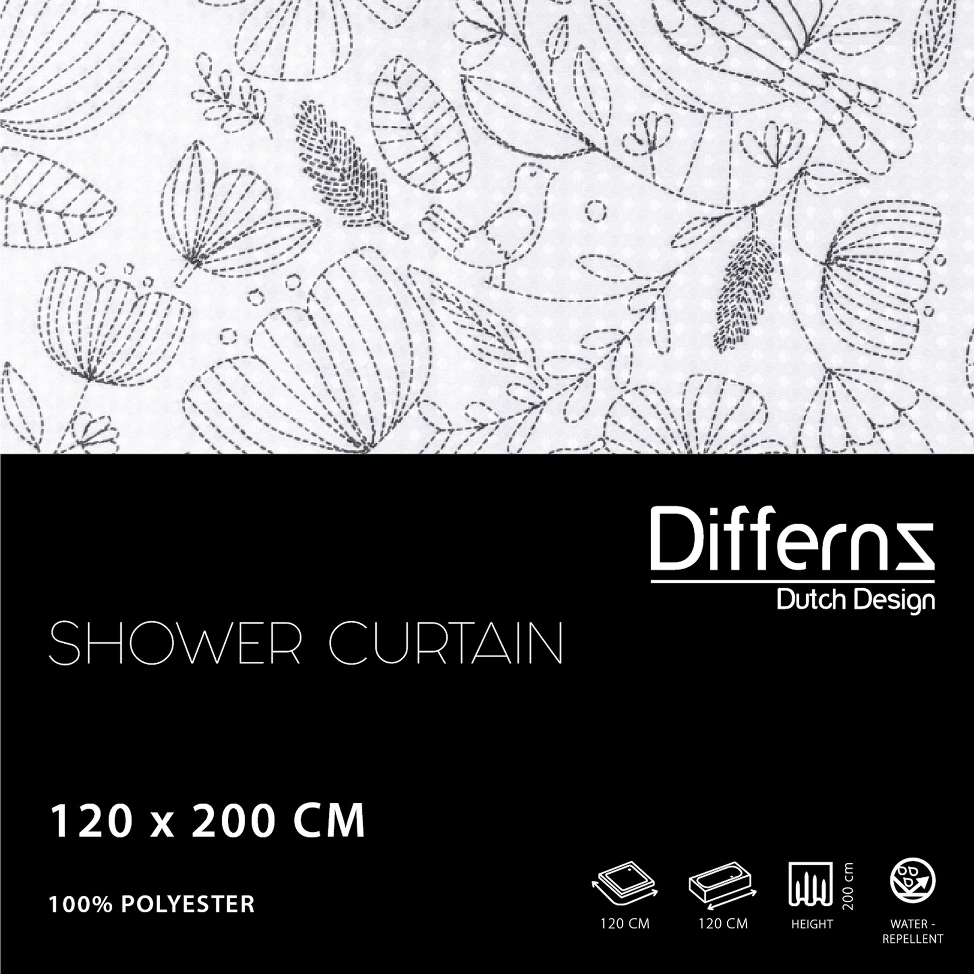 Differnz Flower douchegordijn 100% polyester - verzwaarde onderzoom - 120 x 200 cm - zwart/wit - Mozaiektegel.com