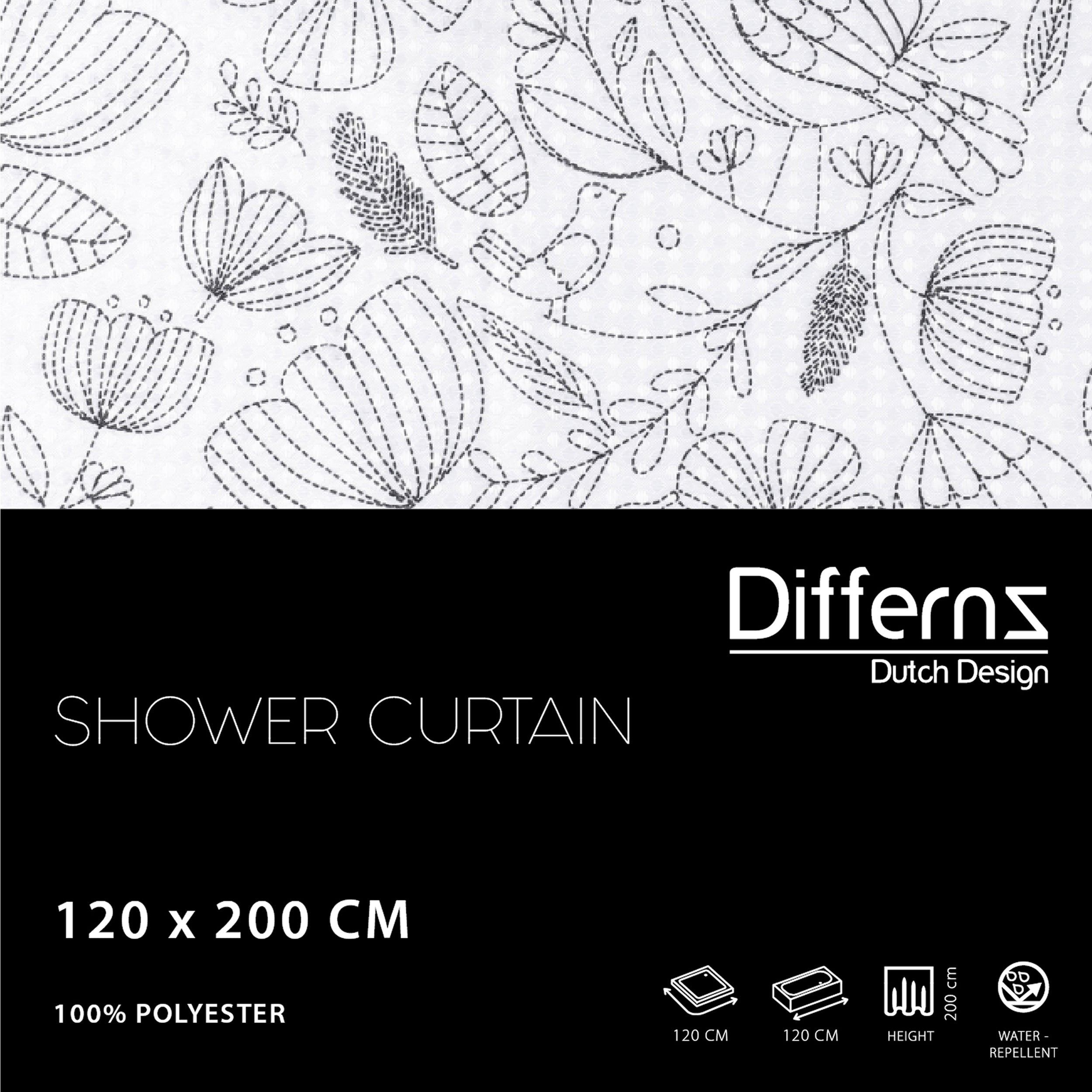 Differnz Flower douchegordijn 100% polyester - verzwaarde onderzoom - 120 x 200 cm - zwart/wit - Mozaiektegel.com