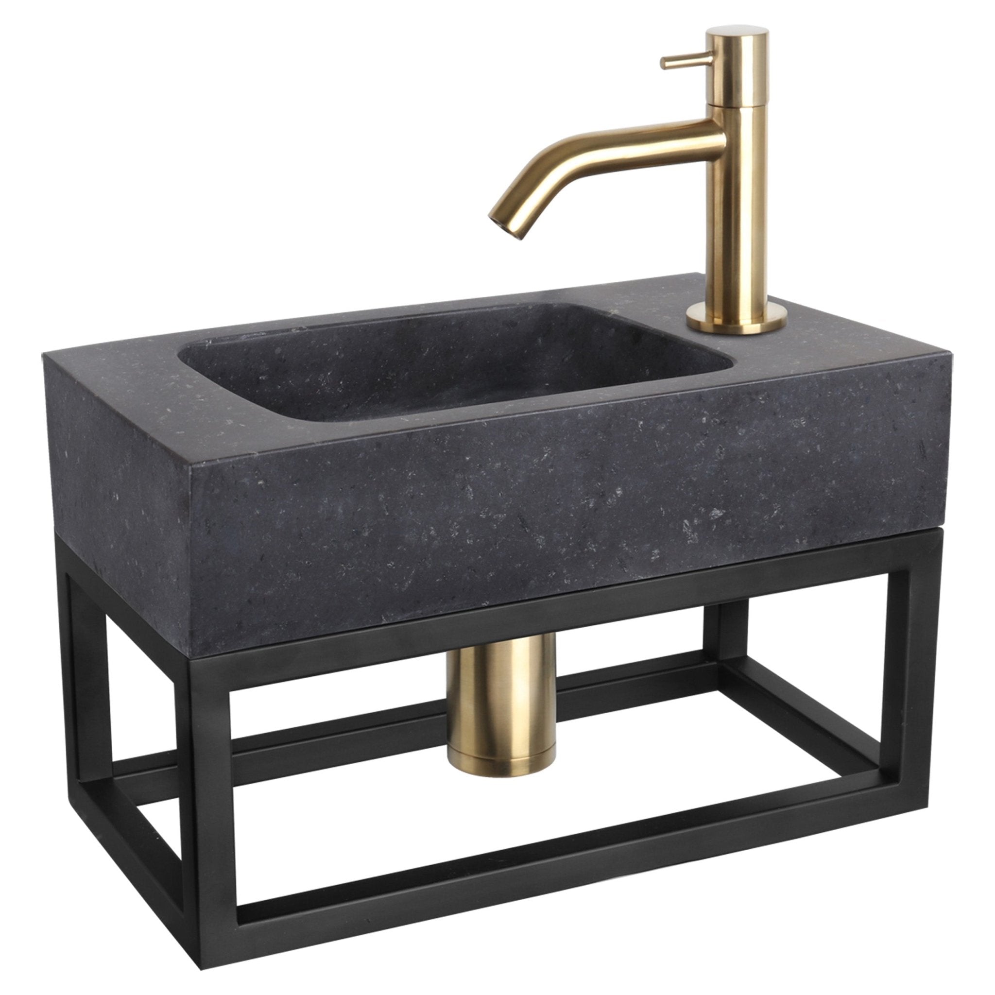 Differnz fonteinset bombai black - natuursteen - kraan gebogen - met handdoekrek - 40 x 22 x 9 cm - mat goud - Mozaiektegel.com