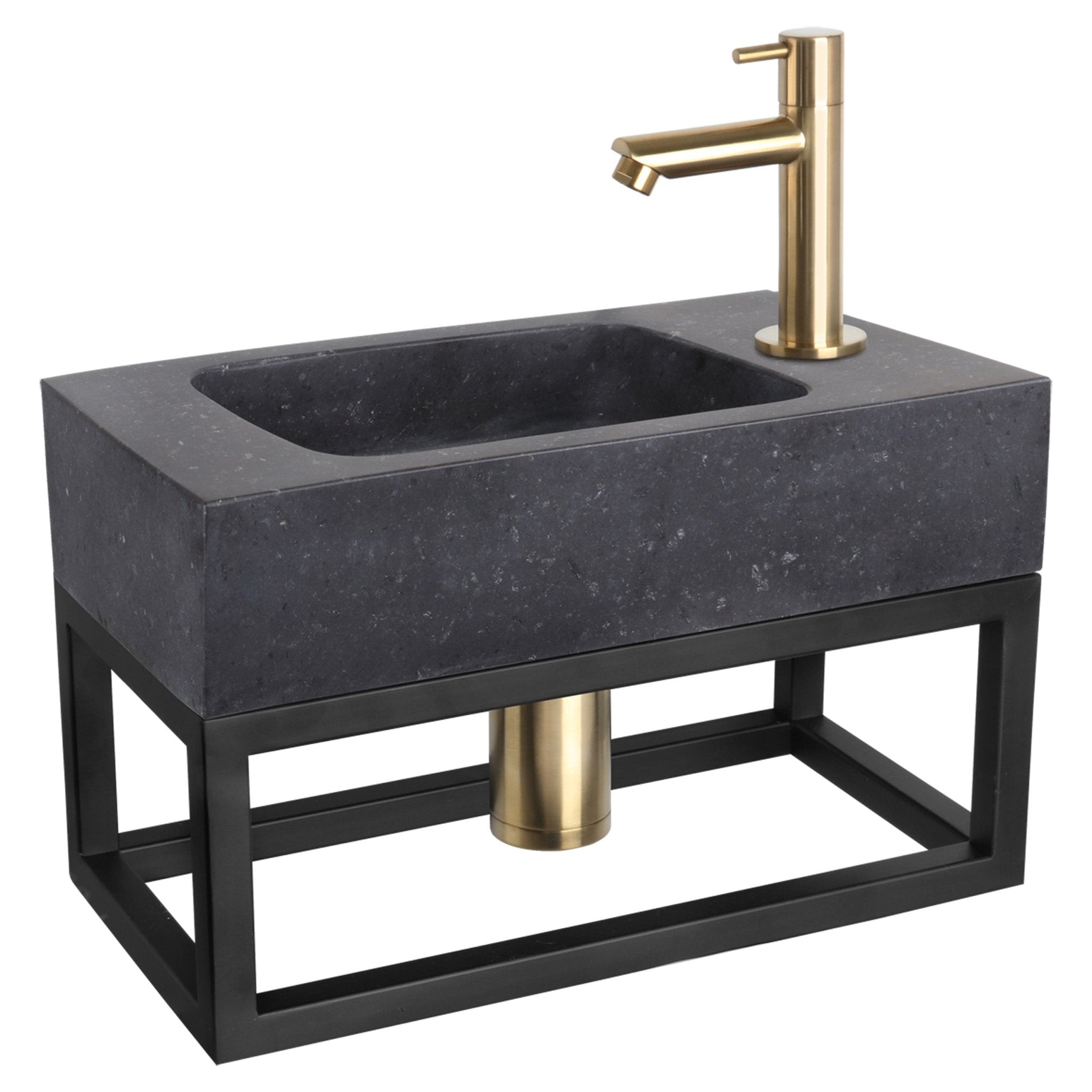 Differnz fonteinset bombai black - natuursteen - kraan recht - met handdoekrek - 40 x 22 x 9 cm - mat goud - Mozaiektegel.com