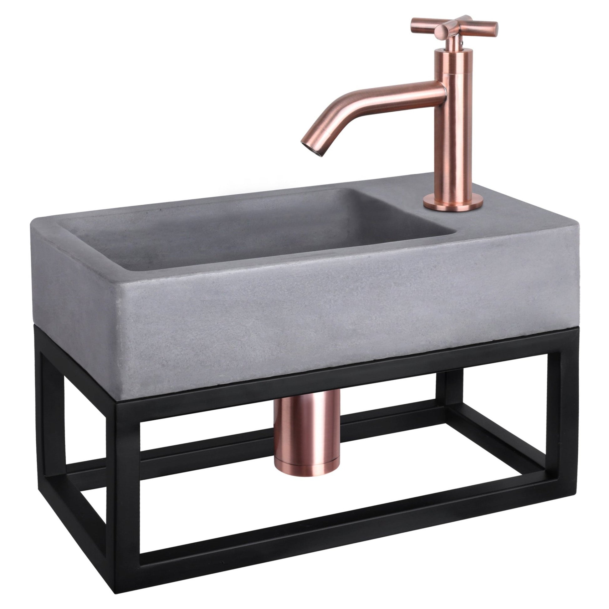 Differnz Force fonteinset beton donkergrijs - kraan gebogen - met handdoekrek - 40 x 22 x 9 cm - mat goud - Mozaiektegel.com