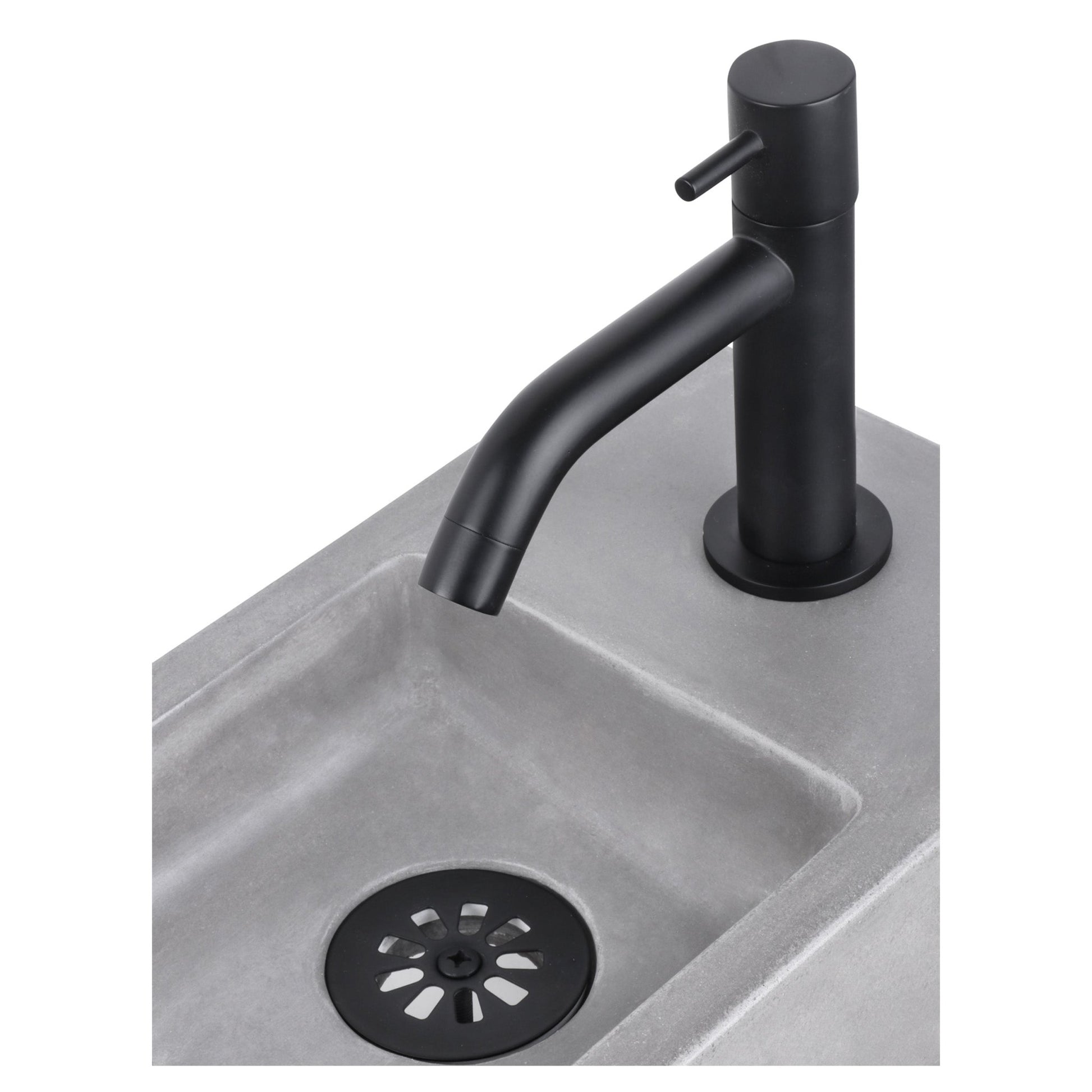 Differnz Force fonteinset beton donkergrijs - kraan gebogen - met handdoekrek - 40 x 22 x 9 cm - mat zwart - Mozaiektegel.com