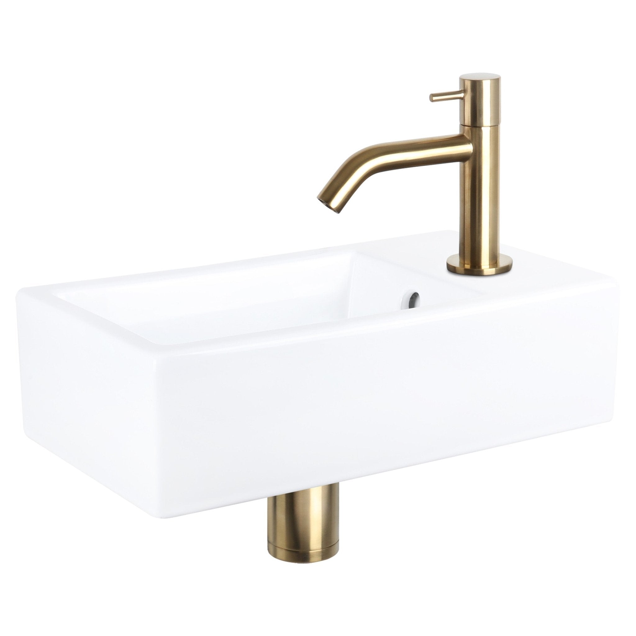 Differnz Force fonteinset keramiek - kraan gebogen - 40 x 22 x 11.5 cm - mat goud - Mozaiektegel.com