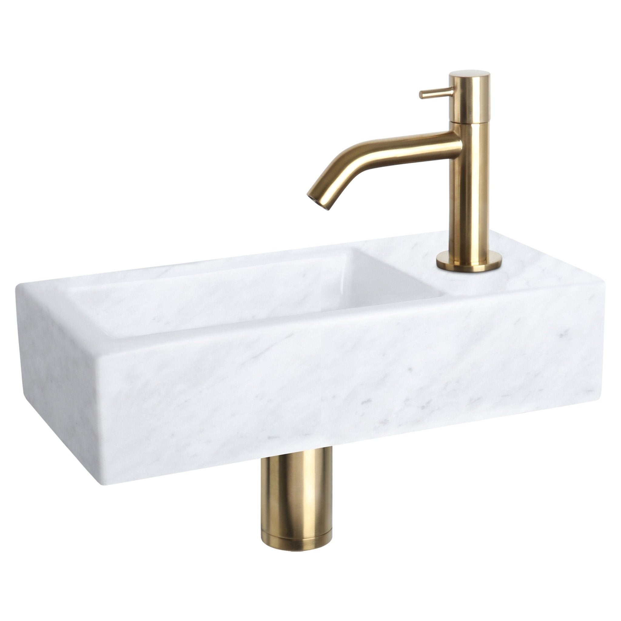 Differnz Helios fonteinset marmer - kraan gebogen - 37.5 x 18.5 x 9.5 cm - mat goud - Mozaiektegel.com