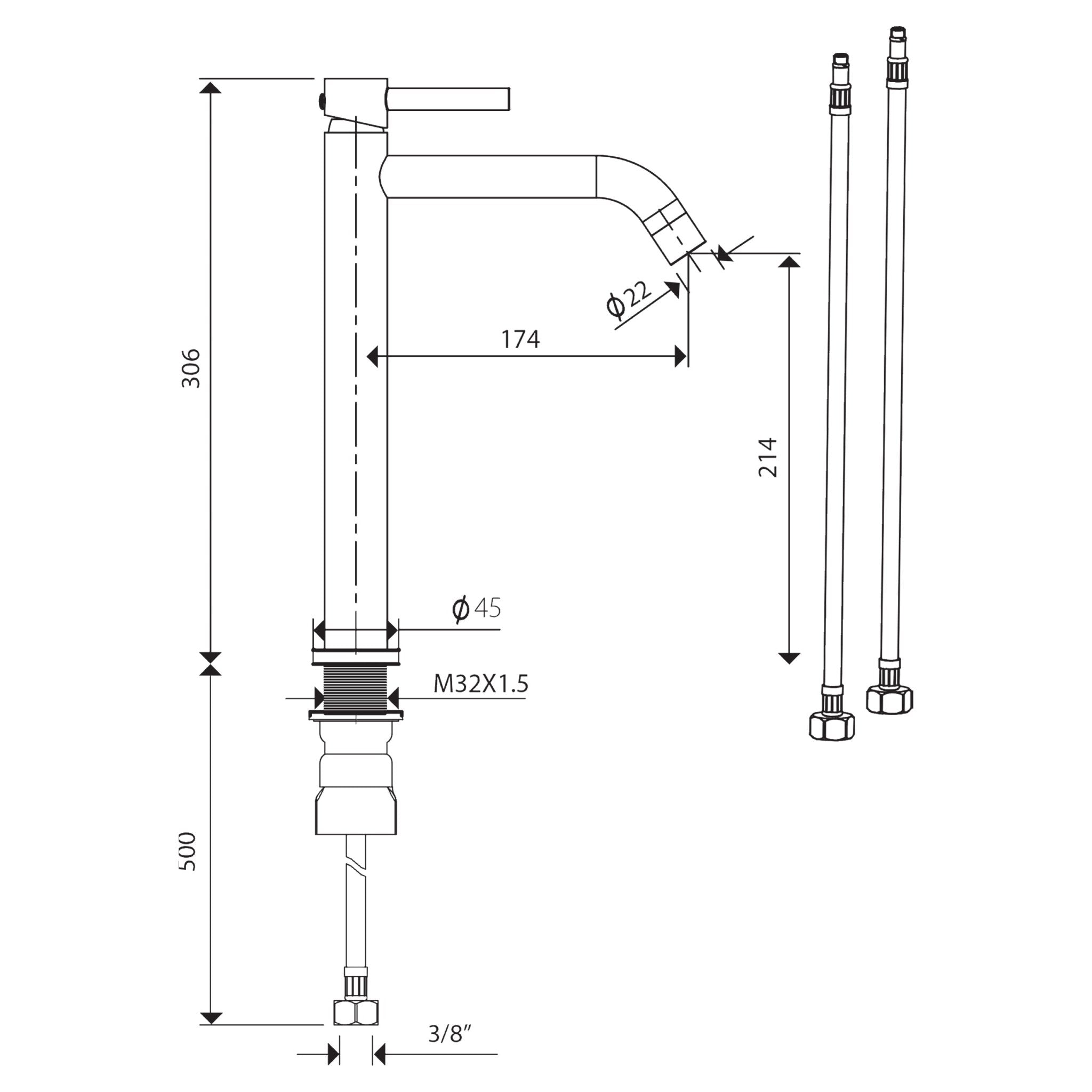Differnz hoge kraan koud/warm - gebogen - 30.6 x 17.4 cm - mat wit - Mozaiektegel.com
