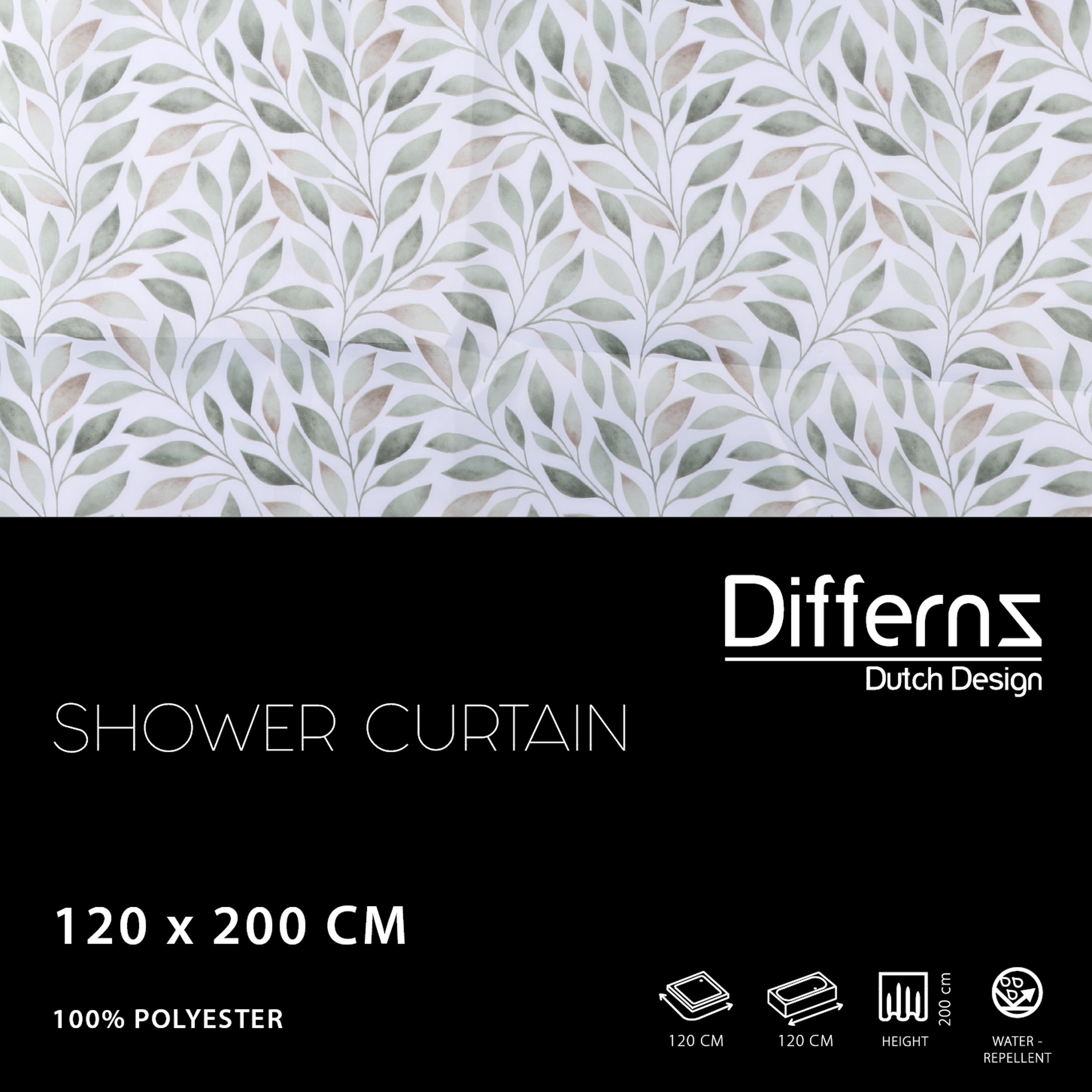 Differnz Olive douchegordijn 100% polyester - verzwaarde onderzoom - 120 x 200 cm - groen - Mozaiektegel.com