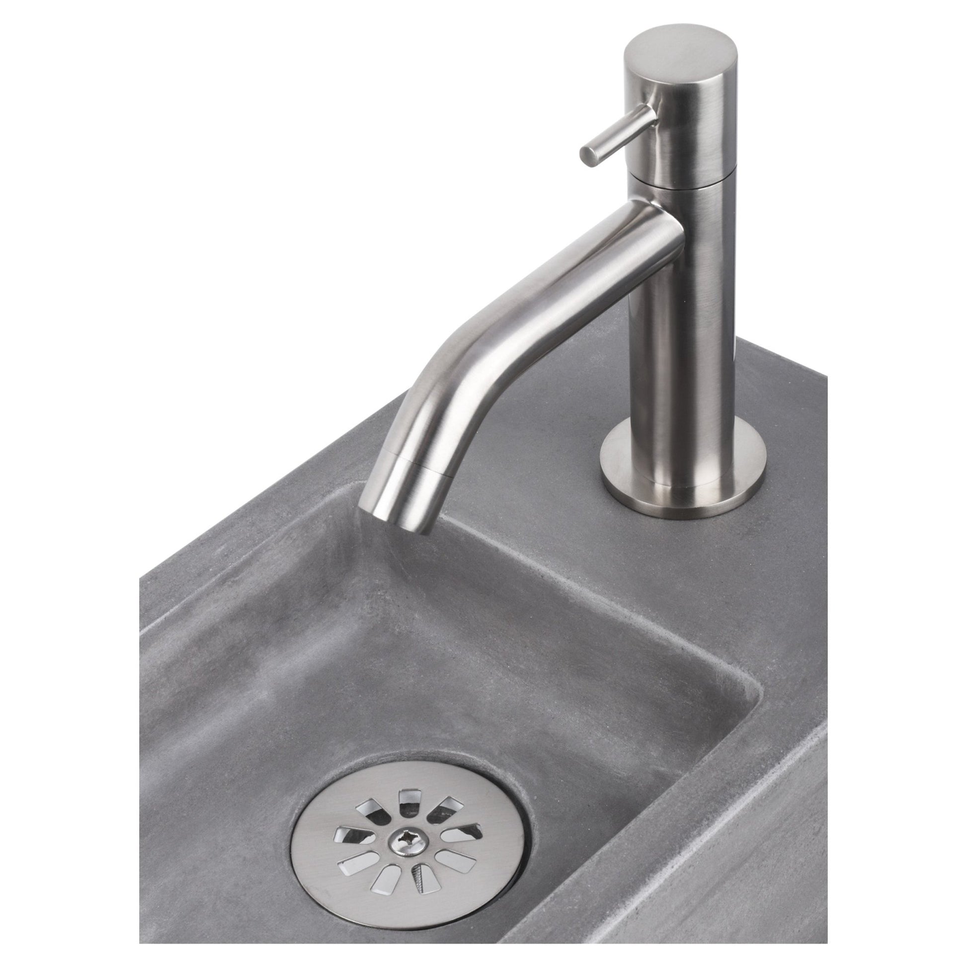 Differnz Ravo fonteinset beton donkergrijs - kraan gebogen - 38.5 x 18.5 x 9 cm - mat chroom - Mozaiektegel.com