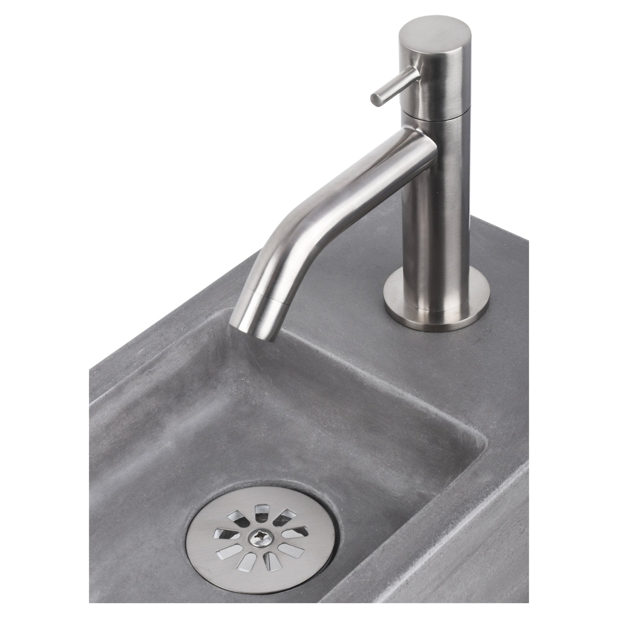 Differnz Ravo fonteinset beton donkergrijs - kraan gebogen - 38.5 x 18.5 x 9 cm - mat chroom - Mozaiektegel.com