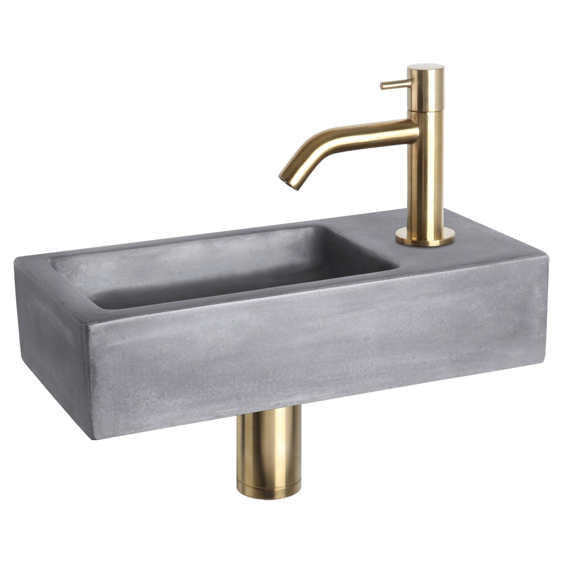 Differnz Ravo fonteinset beton donkergrijs - kraan gebogen - 38.5 x 18.5 x 9 cm - mat goud - Mozaiektegel.com