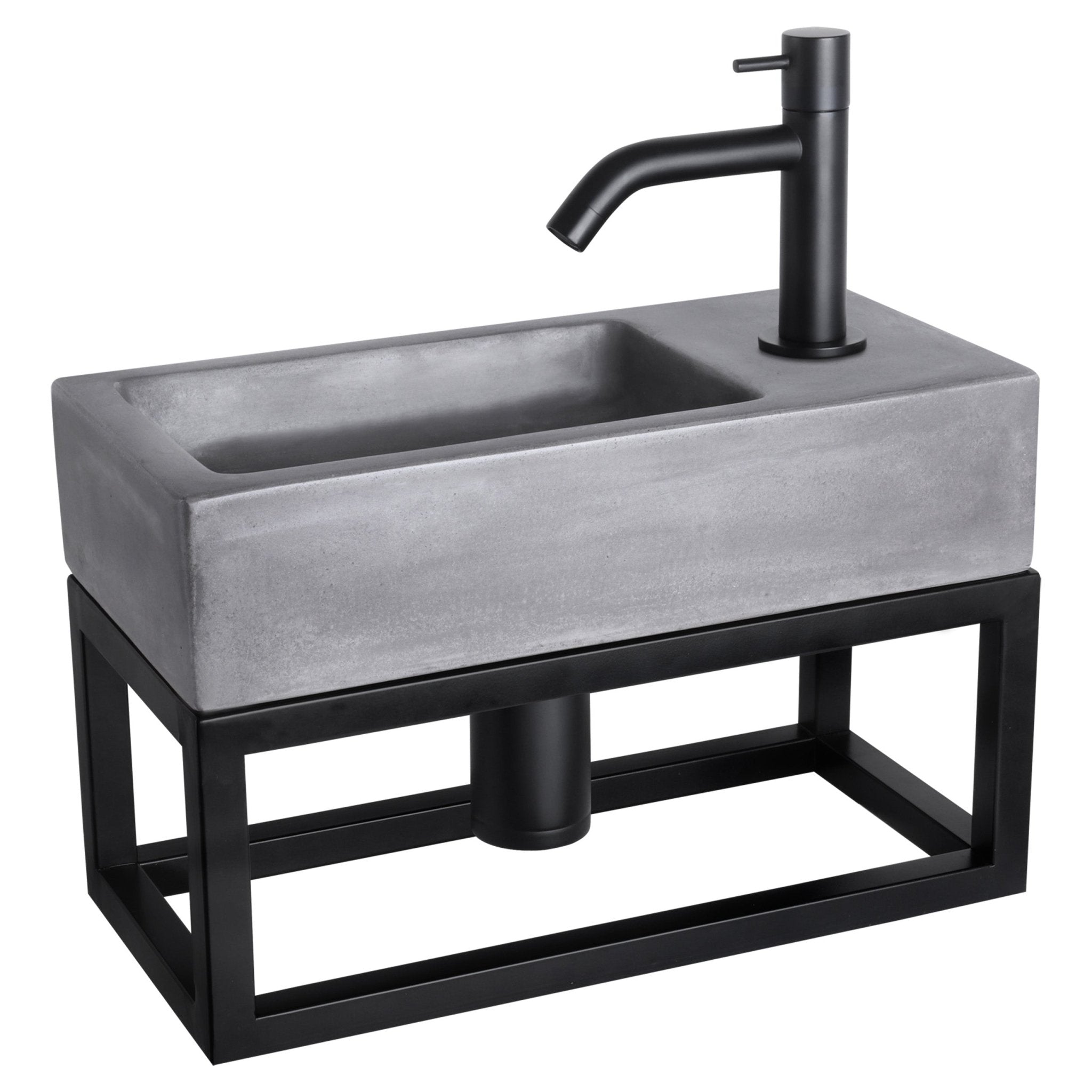 Differnz Ravo fonteinset beton donkergrijs - kraan gebogen - met handdoekrek - 38.5 x 18.5 x 9 cm - mat zwart - Mozaiektegel.com