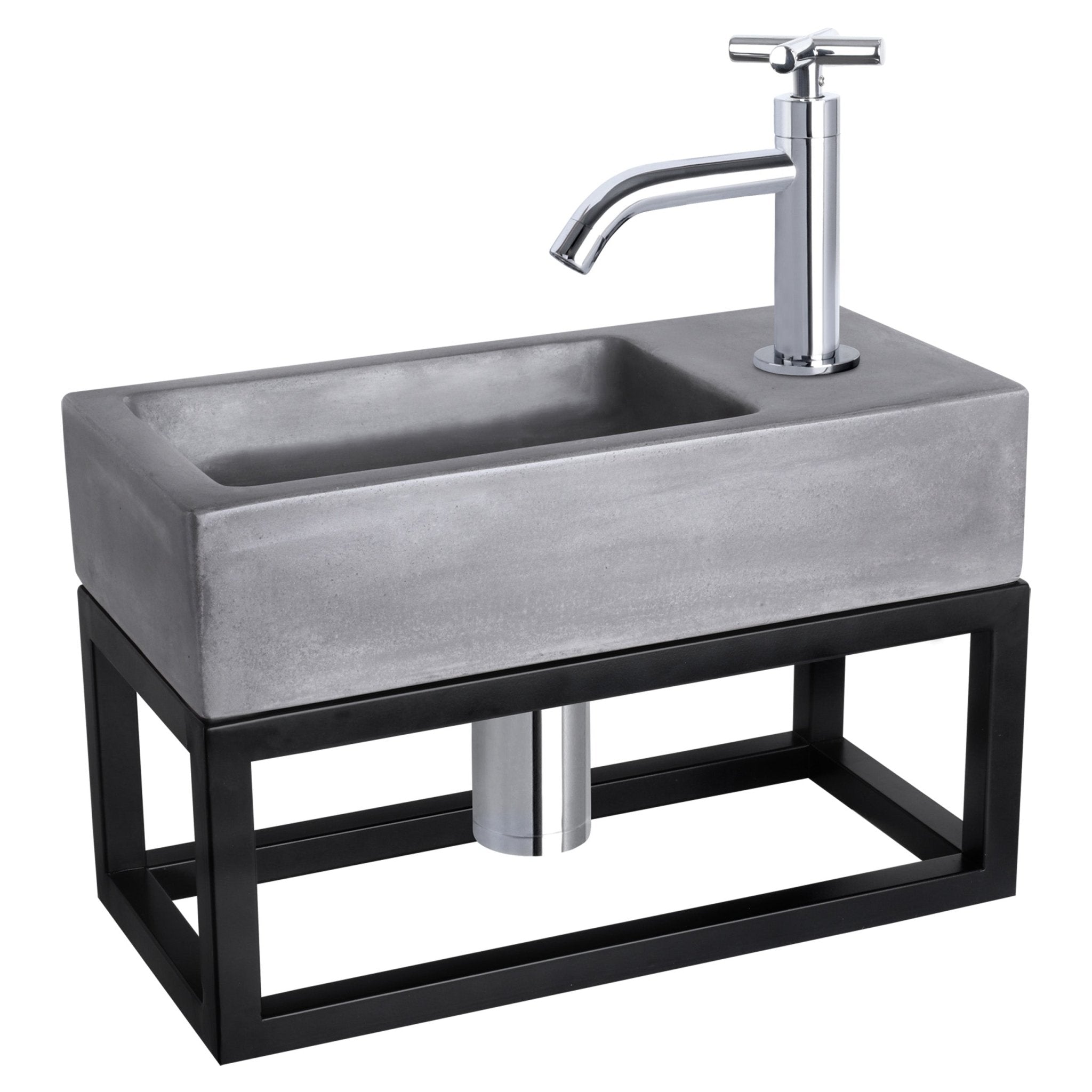 Differnz Ravo fonteinset beton donkergrijs - kraan kruis - met handdoekrek - 38.5 x 18.5 x 9 cm - chroom - Mozaiektegel.com