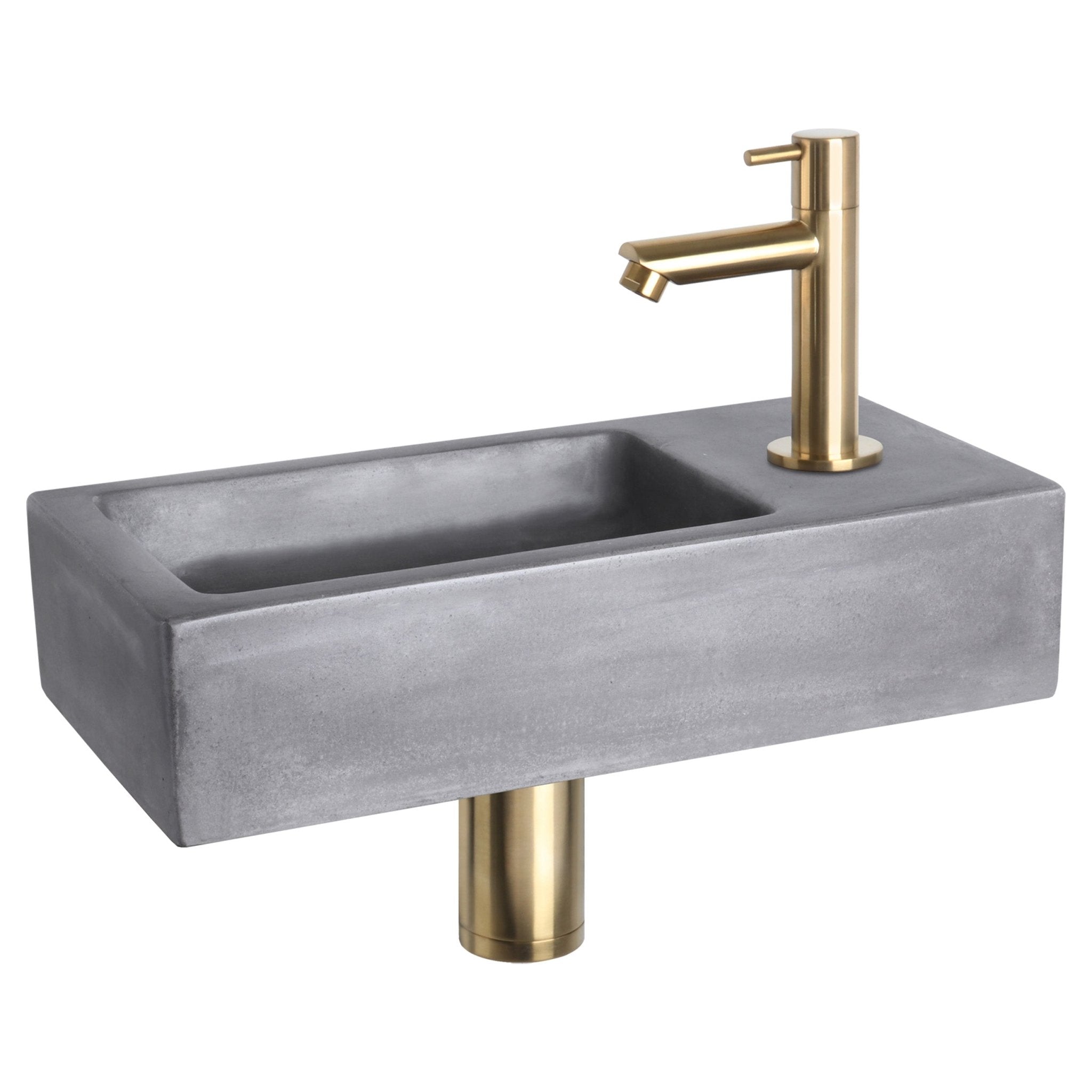 Differnz Ravo fonteinset beton donkergrijs - kraan recht - 38.5 x 18.5 x 9 cm - mat goud - Mozaiektegel.com