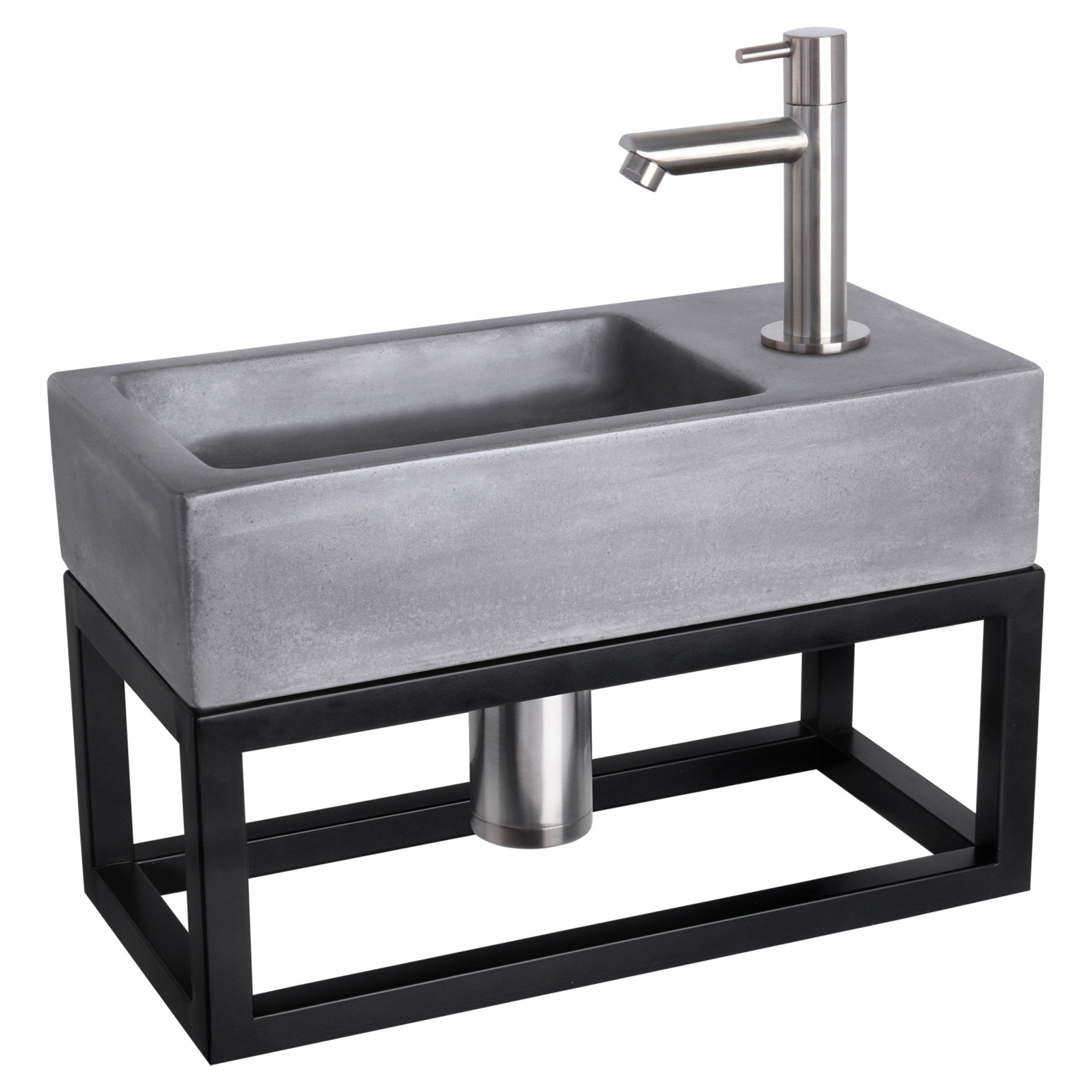 Differnz Ravo fonteinset beton donkergrijs - kraan recht - met handdoekrek - 38.5 x 18.5 x 9 cm - mat chroom - Mozaiektegel.com