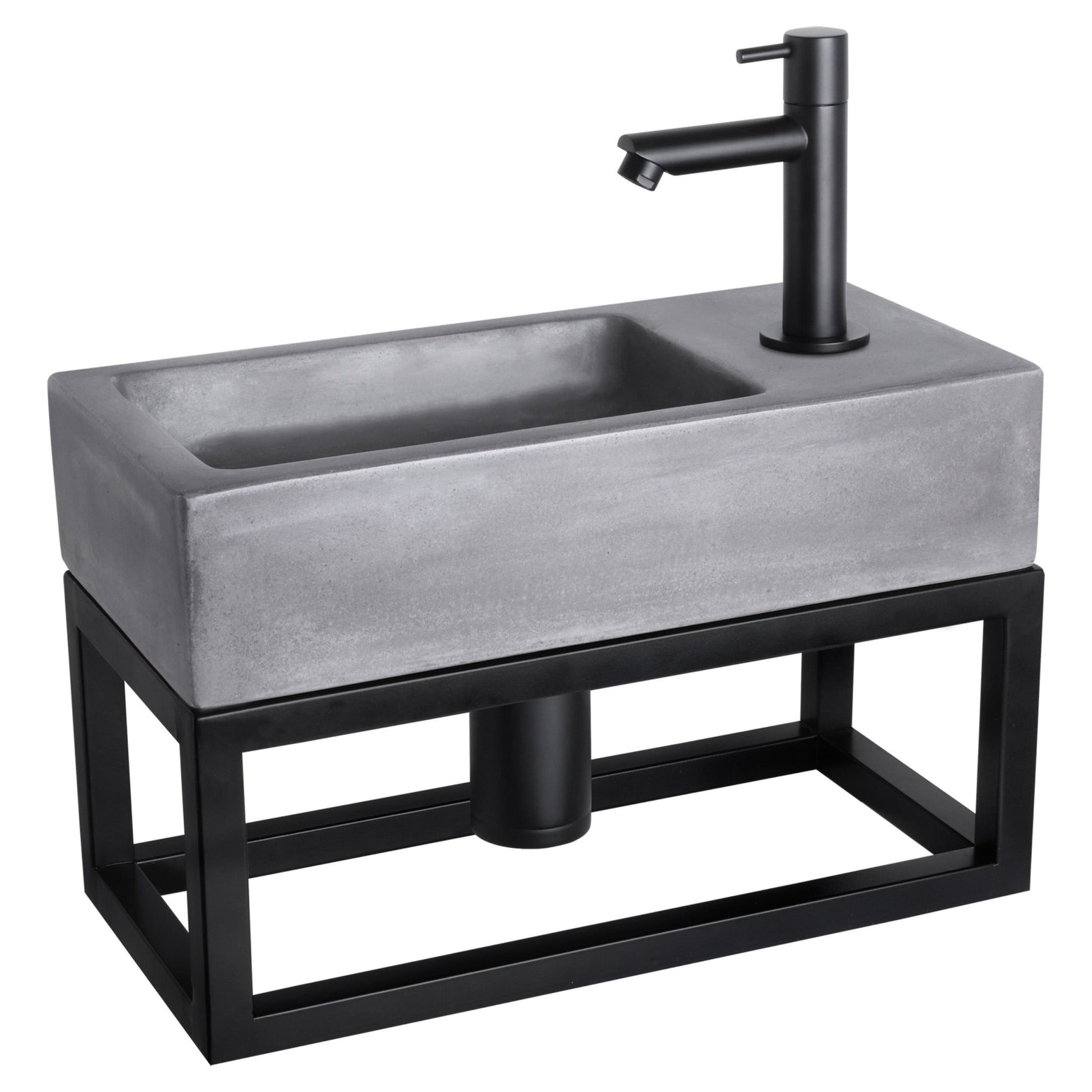 Differnz Ravo fonteinset beton donkergrijs - kraan recht - met handdoekrek - 38.5 x 18.5 x 9 cm - mat zwart - Mozaiektegel.com