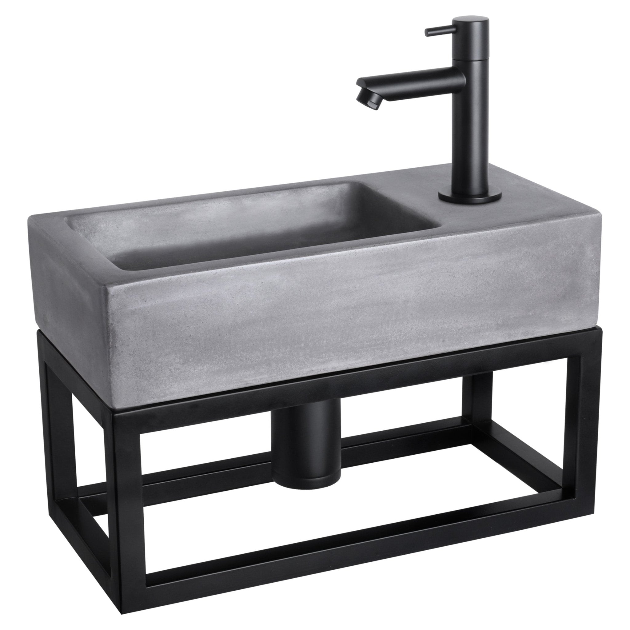 Differnz Ravo fonteinset beton donkergrijs - kraan recht - met handdoekrek - 38.5 x 18.5 x 9 cm - mat zwart - Mozaiektegel.com