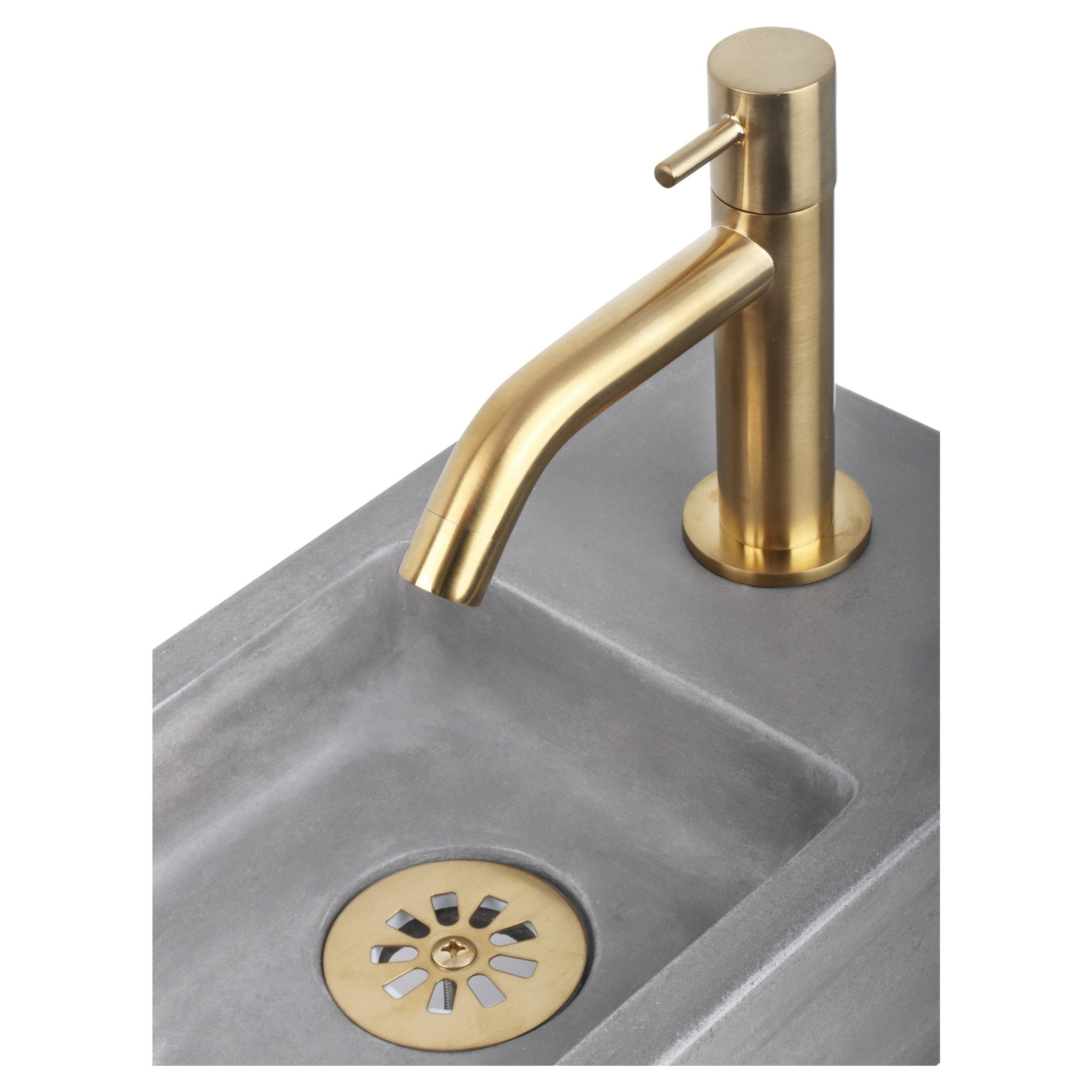 Differnz Ravo fonteinset beton lichtgrijs - kraan gebogen - 38.5 x 18.5 x 9 cm - mat goud - Mozaiektegel.com