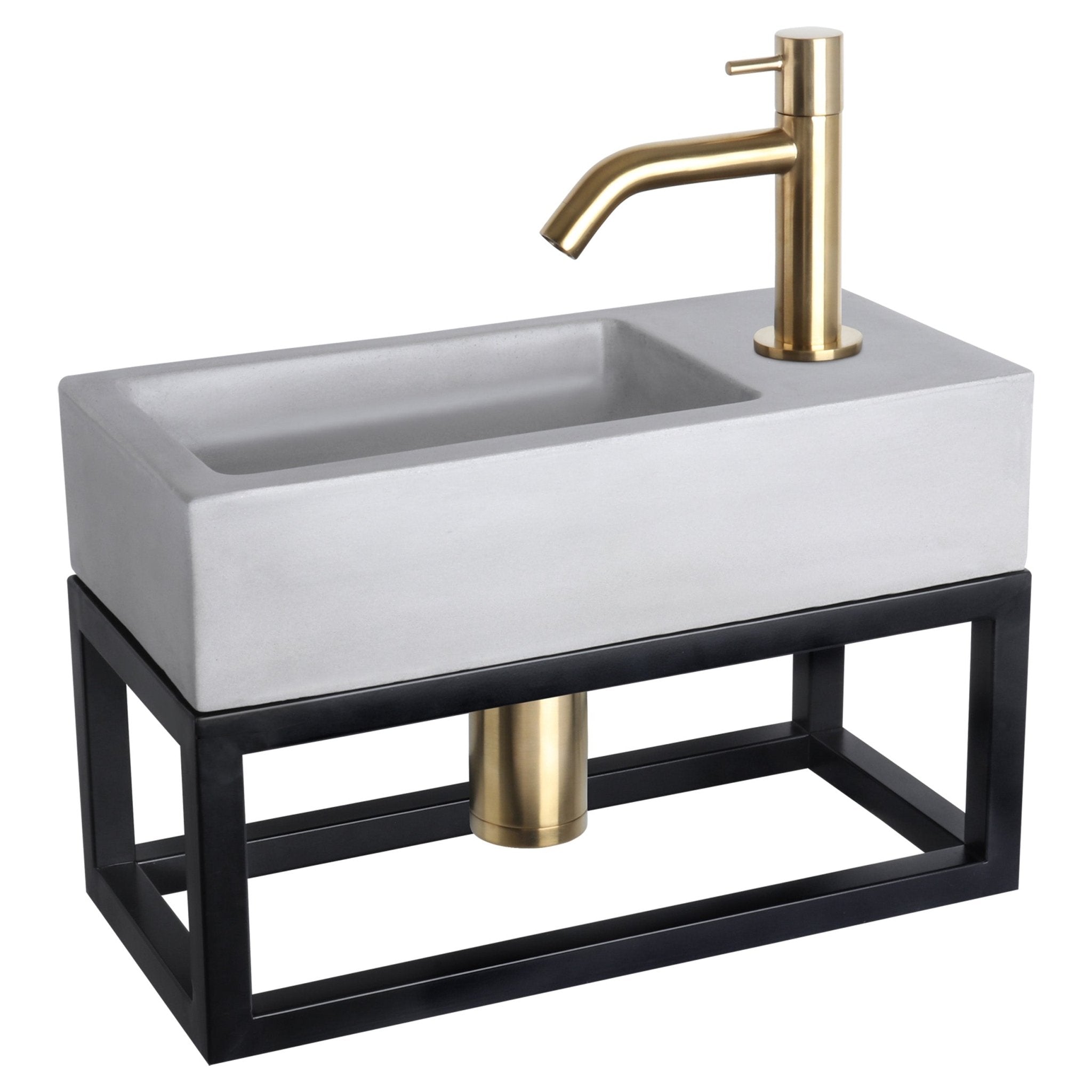 Differnz Ravo fonteinset beton lichtgrijs - kraan gebogen - met handdoekrek - 38.5 x 18.5 x 9 cm - mat goud - Mozaiektegel.com