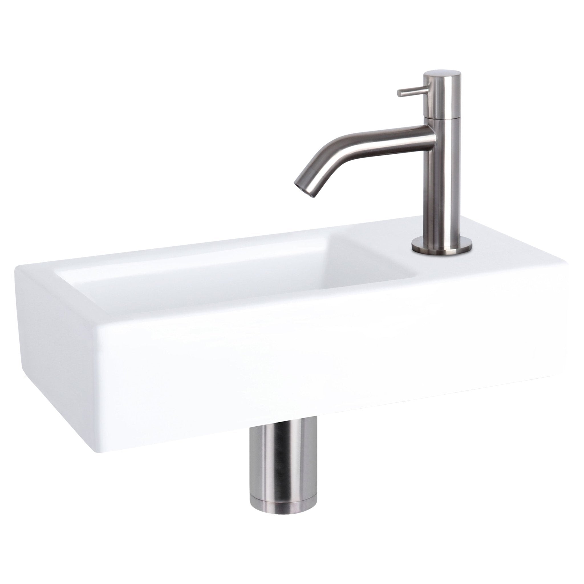 Differnz Ravo fonteinset keramiek - kraan gebogen - 38.5 x 18.5 x 9 cm - mat chroom - Mozaiektegel.com