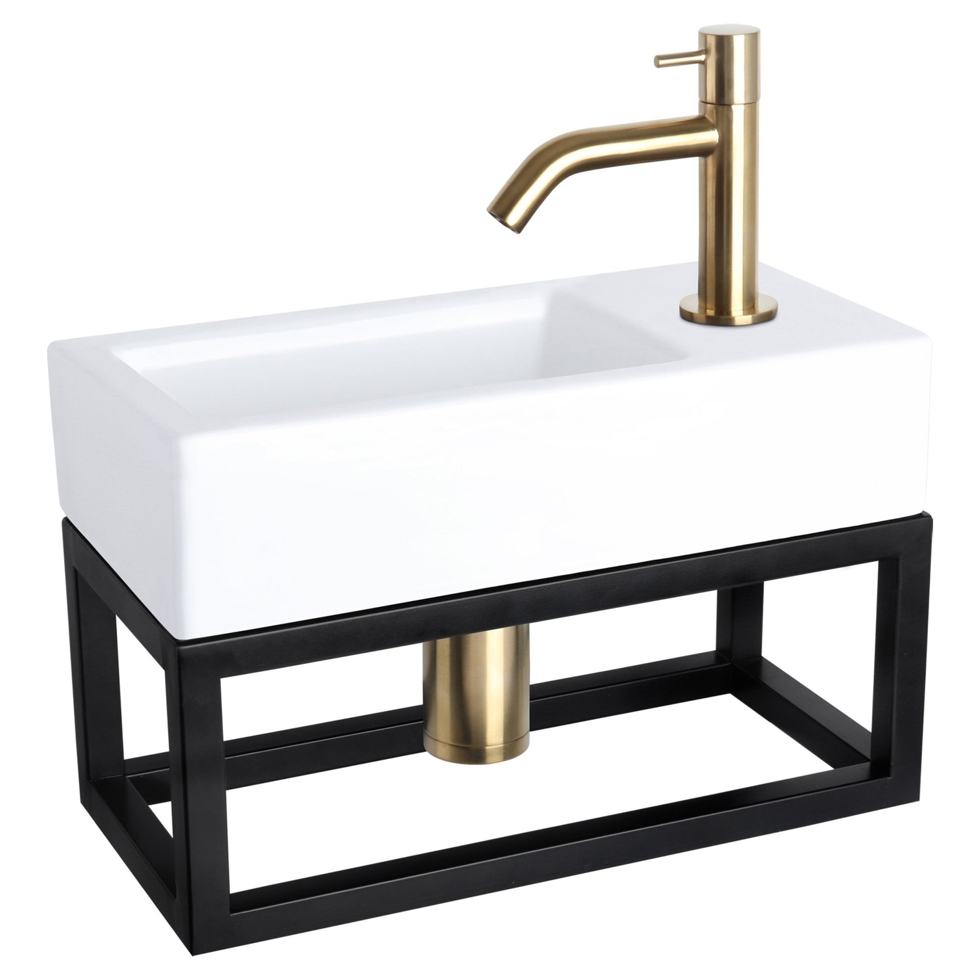 Differnz Ravo fonteinset keramiek - kraan gebogen - met handdoekrek - 38.5 x 18.5 x 9 cm - mat goud - Mozaiektegel.com