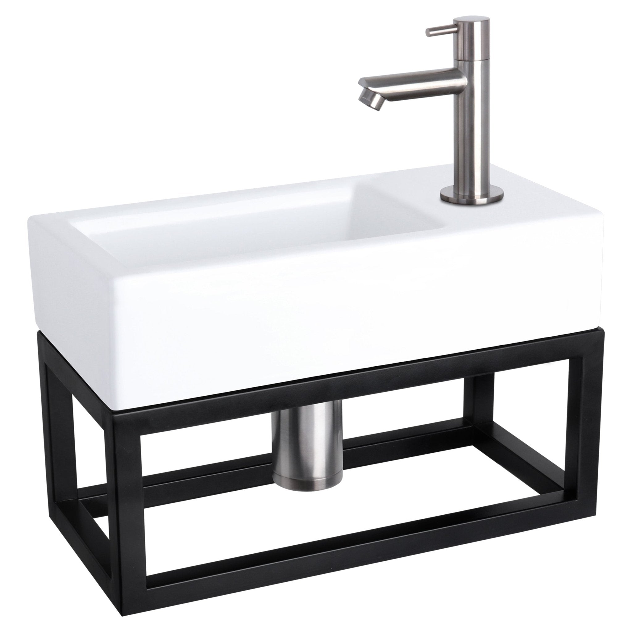 Differnz Ravo fonteinset keramiek - kraan recht - met handdoekrek - 38.5 x 18.5 x 9 cm - mat chroom - Mozaiektegel.com