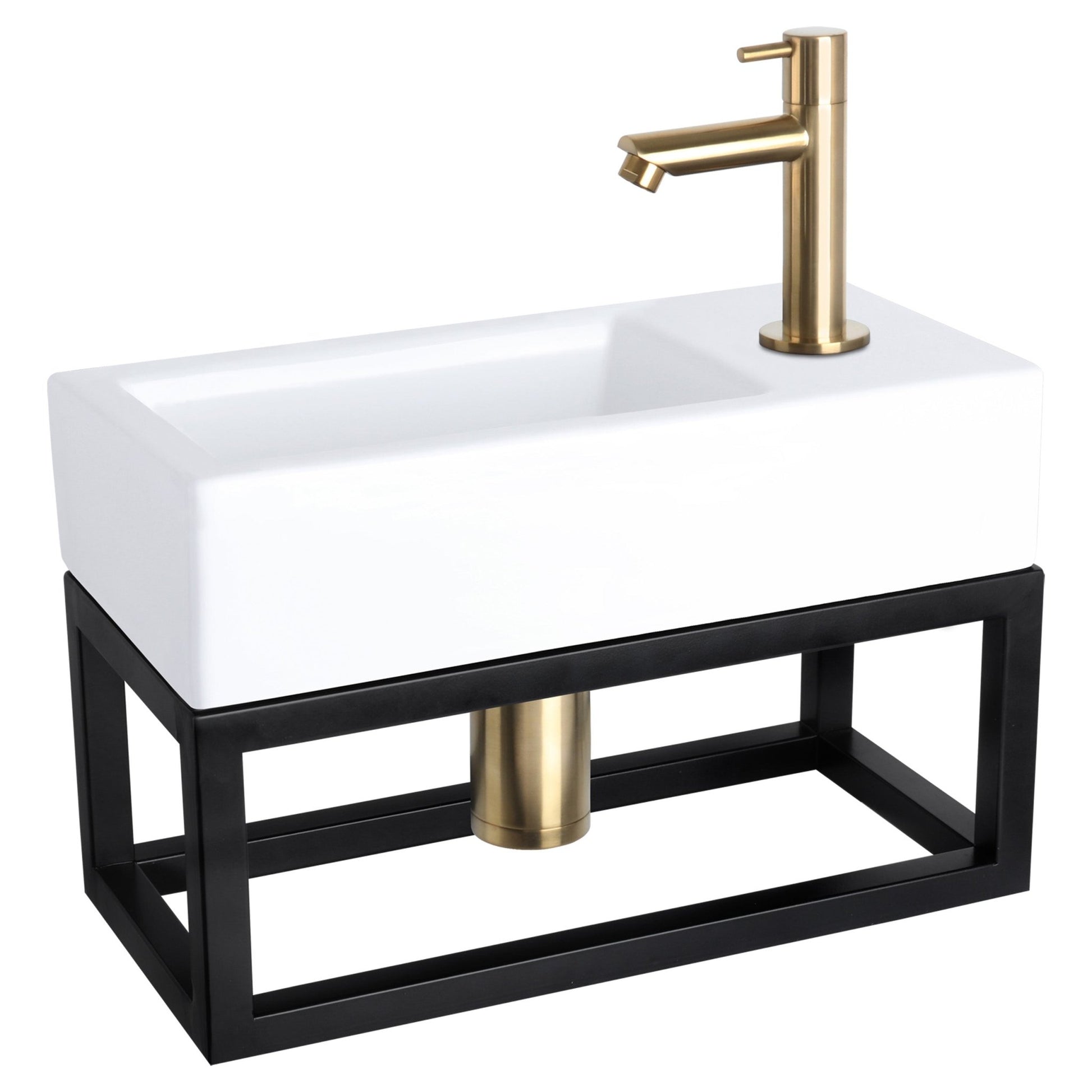 Differnz Ravo fonteinset keramiek - kraan recht - met handdoekrek - 38.5 x 18.5 x 9 cm - mat goud - Mozaiektegel.com