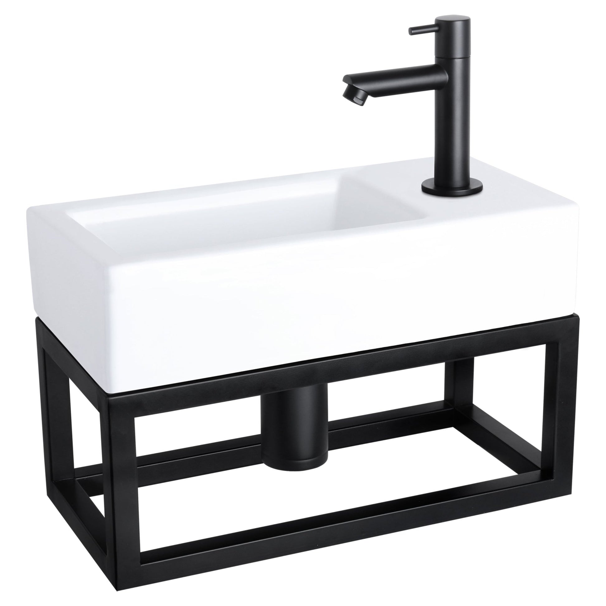 Differnz Ravo fonteinset keramiek - kraan recht - met handdoekrek - 38.5 x 18.5 x 9 cm - mat zwart - Mozaiektegel.com