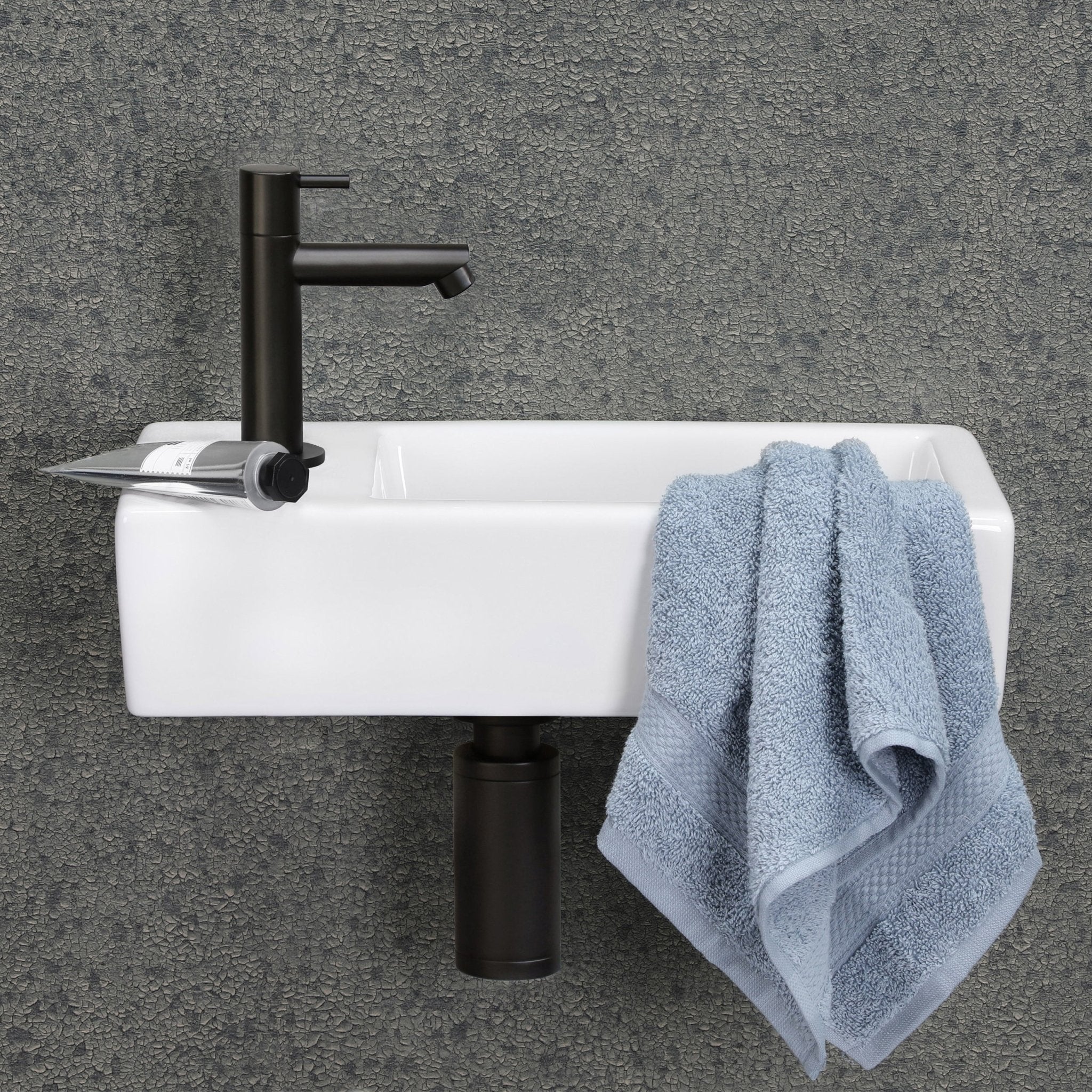 Differnz Ravo fonteinset links - keramiek - kraan recht - 38.5 x 18.5 x 9.5 cm - mat zwart - Mozaiektegel.com