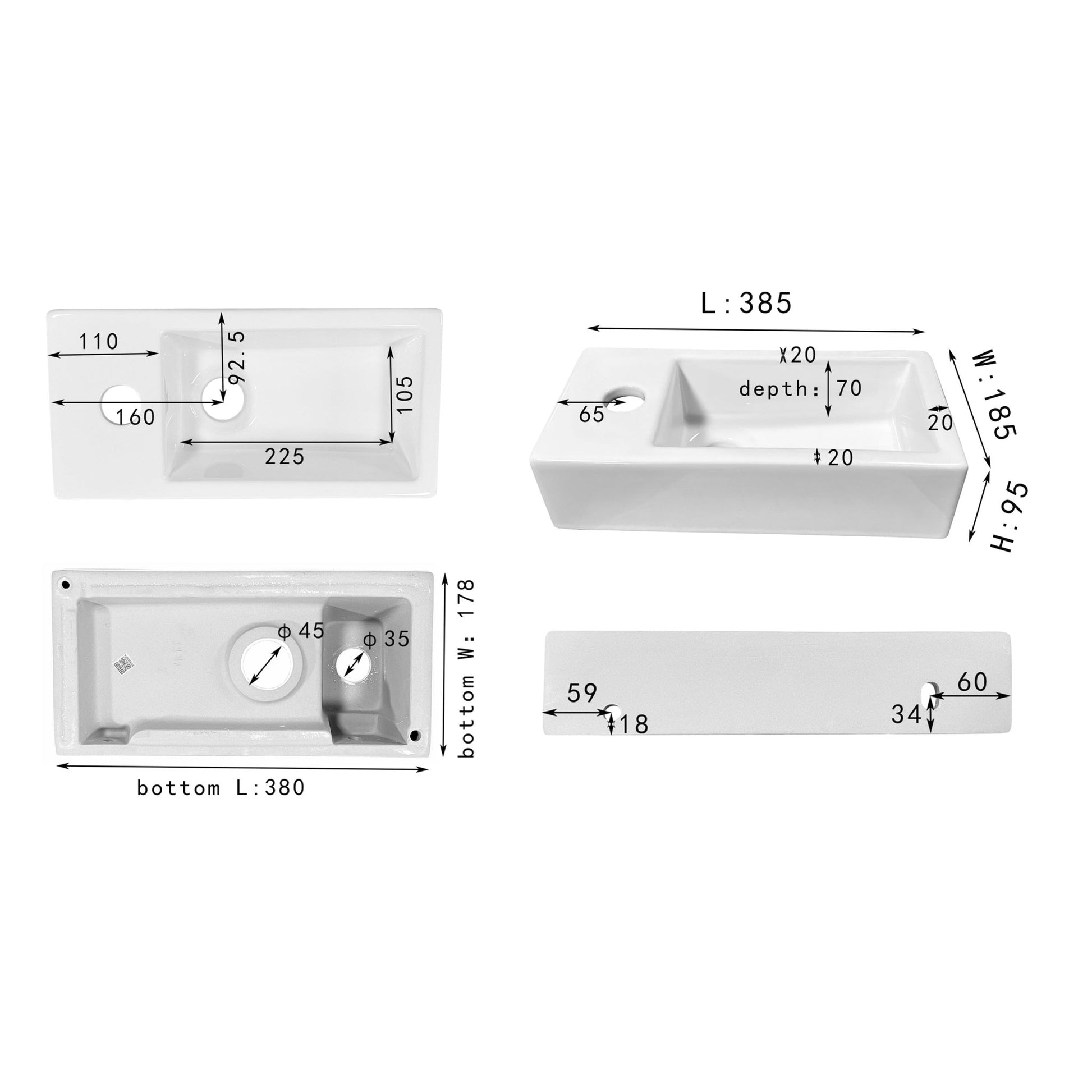 Differnz Ravo fonteinset links - keramiek - kraan recht - 38.5 x 18.5 x 9.5 cm - mat zwart - Mozaiektegel.com