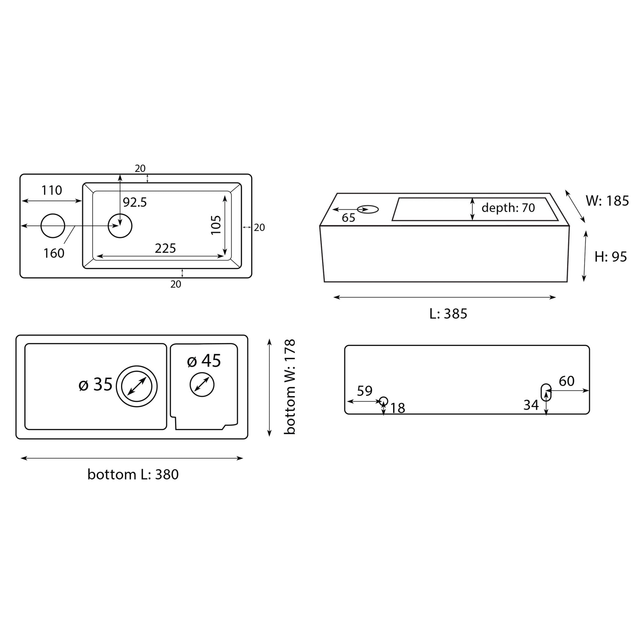 Differnz Ravo fonteinset links - keramiek - kraan recht - 38.5 x 18.5 x 9.5 cm - mat zwart - Mozaiektegel.com