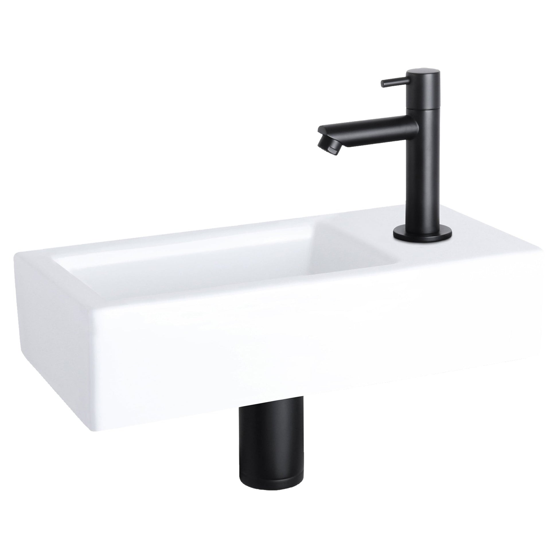 Differnz Ravo fonteinset rechts - keramiek - kraan recht - 38.5 x 18.5 x 9.5 cm - mat zwart - Mozaiektegel.com