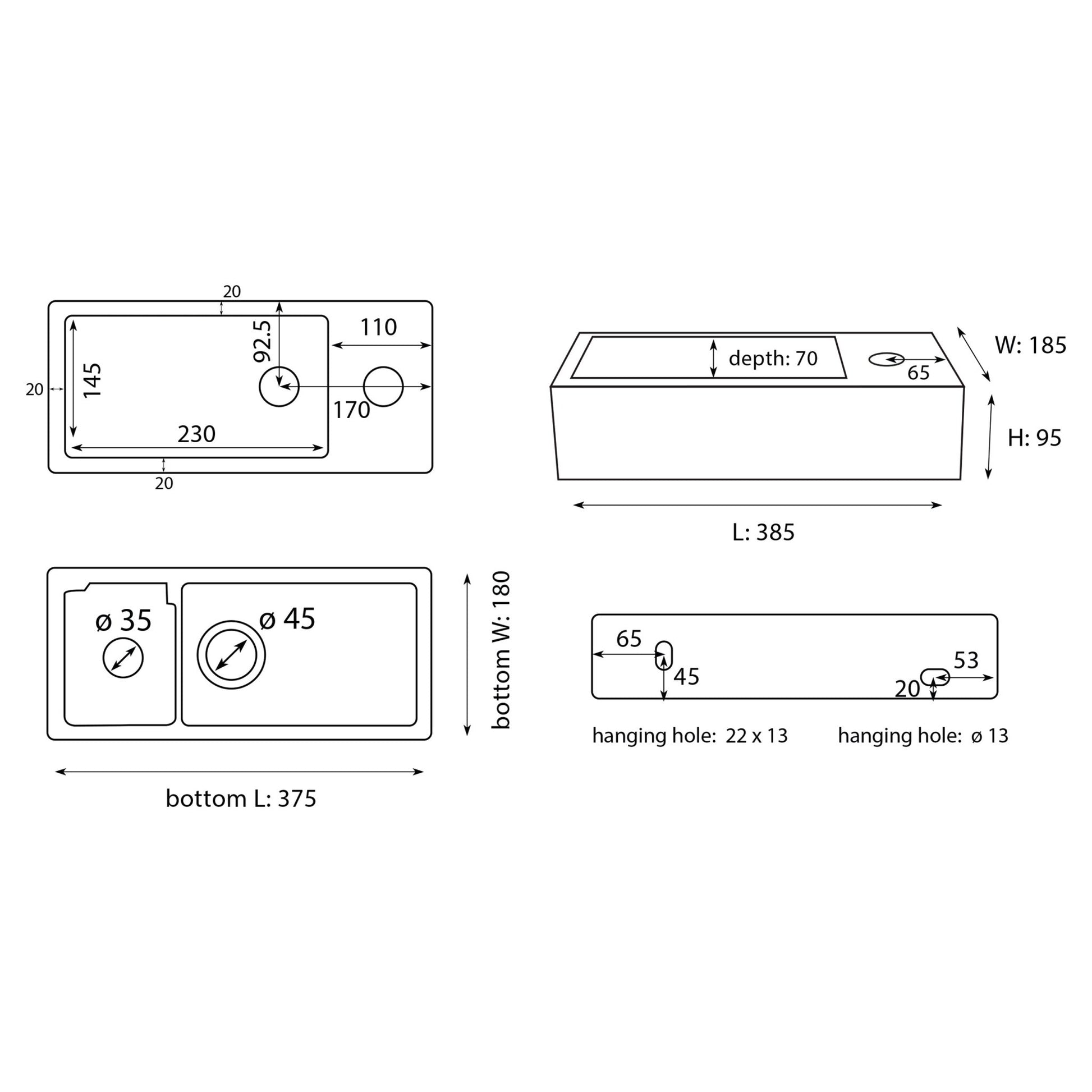 Differnz Ravo fonteinset rechts - keramiek - kraan recht - 38.5 x 18.5 x 9.5 cm - mat zwart - Mozaiektegel.com