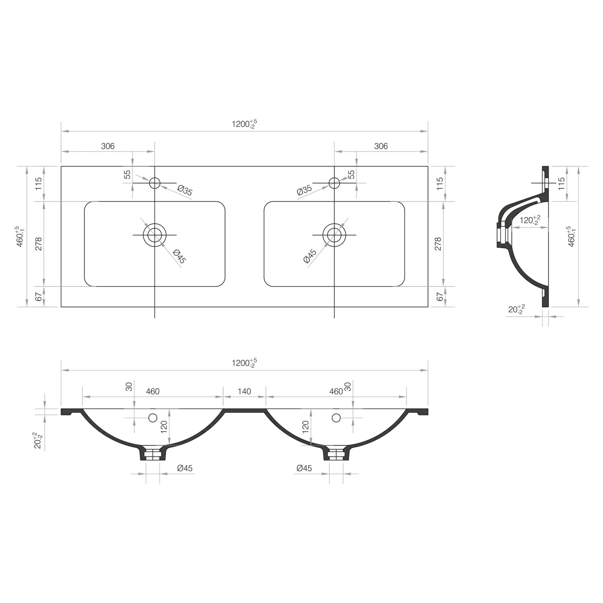 Differnz Reno wastafel 2 kraangaten | wit | 120 x 46 x 2 cm - Mozaiektegel.com