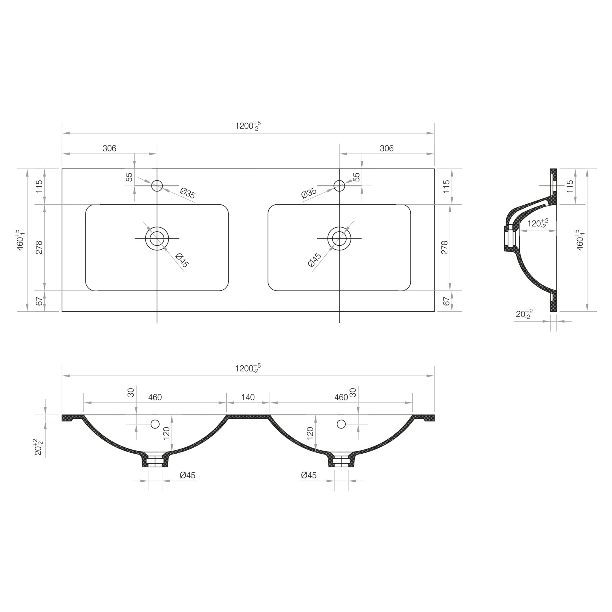 Differnz Reno wastafel 2 kraangaten | wit | 120 x 46 x 2 cm - Mozaiektegel.com