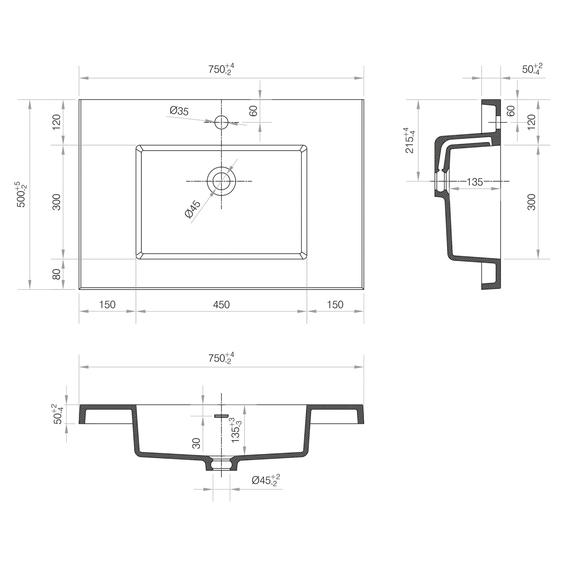 Differnz Reno wastafel | wit | 75 x 50 x 5 cm - Mozaiektegel.com