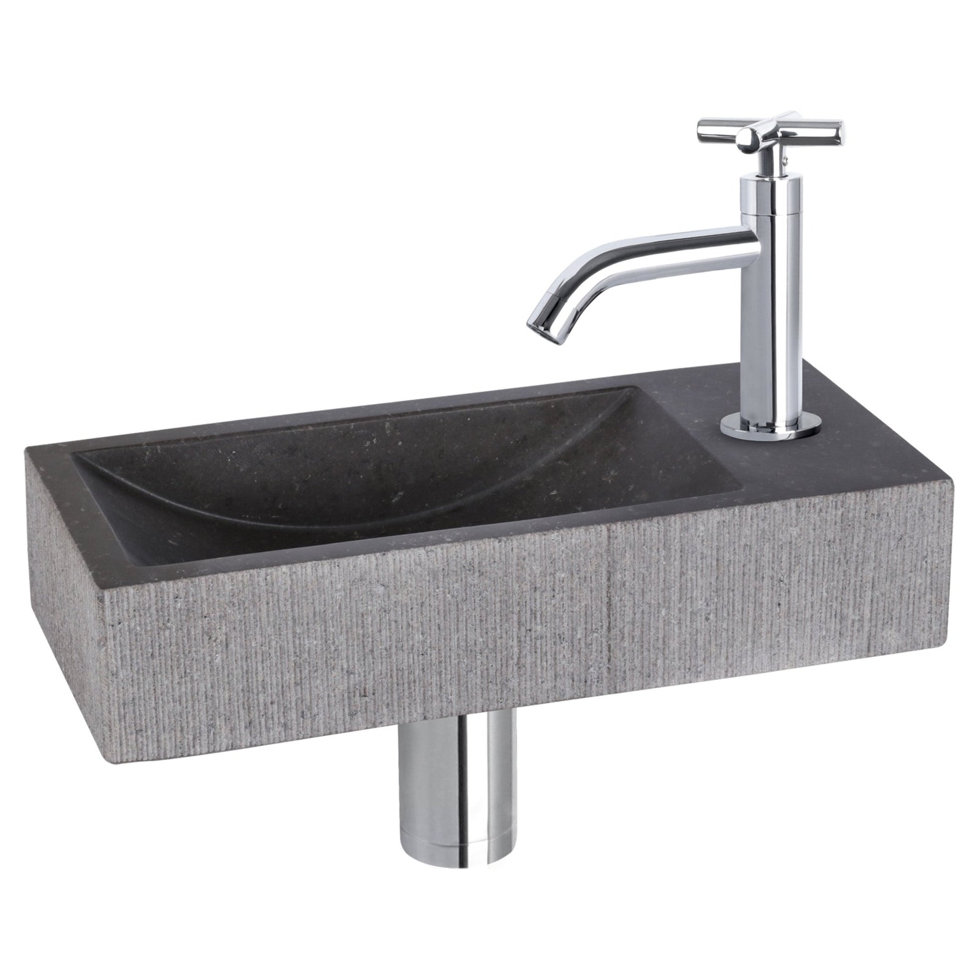 Differnz Ribble fonteinset bombai black - natuursteen - kraan kruis - 38 x 18 x 8 cm - chroom - Mozaiektegel.com