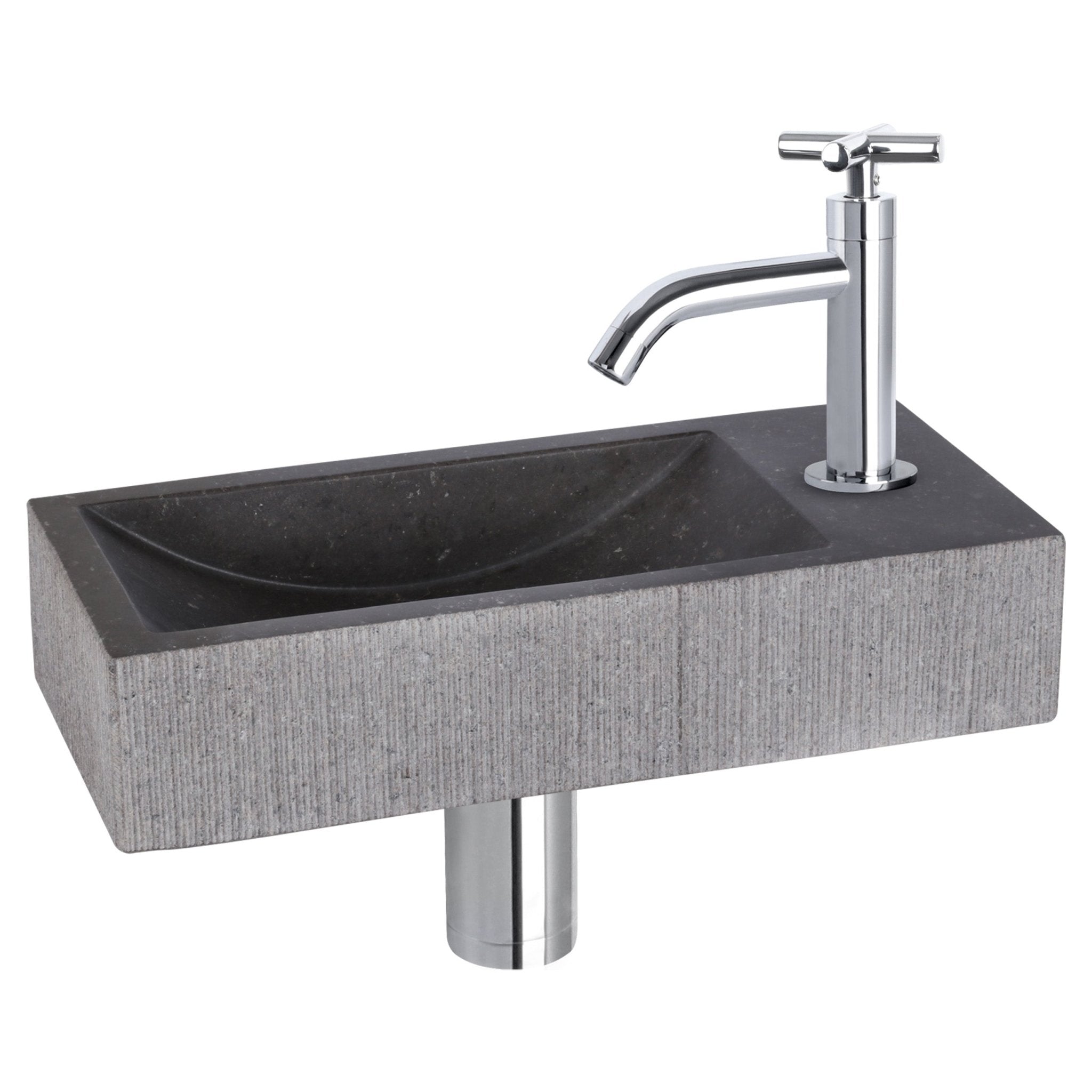 Differnz Ribble fonteinset bombai black - natuursteen - kraan kruis - 38 x 18 x 8 cm - chroom - Mozaiektegel.com