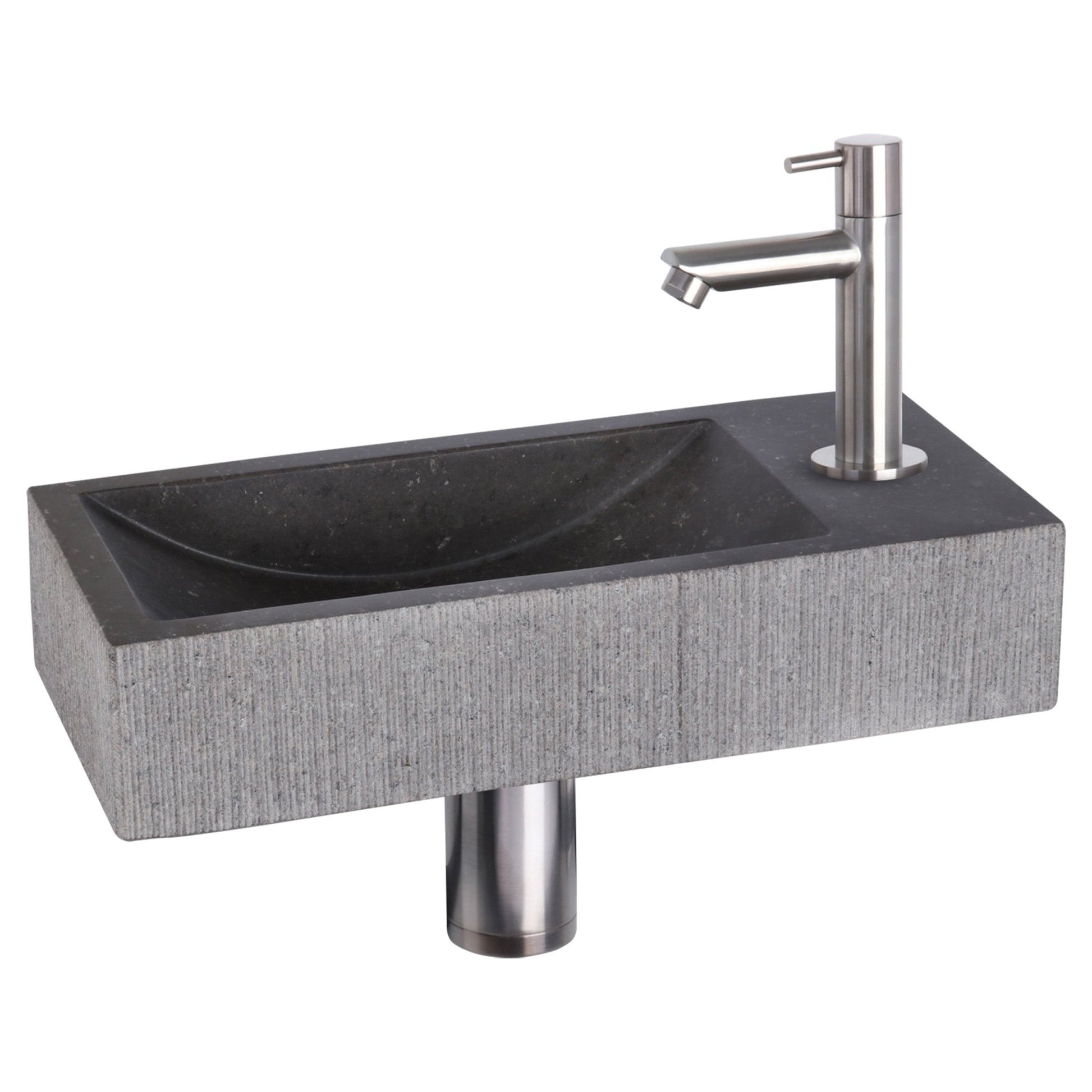 Differnz Ribble fonteinset bombai black - natuursteen - kraan recht - 38 x 18 x 8 cm - mat chroom - Mozaiektegel.com