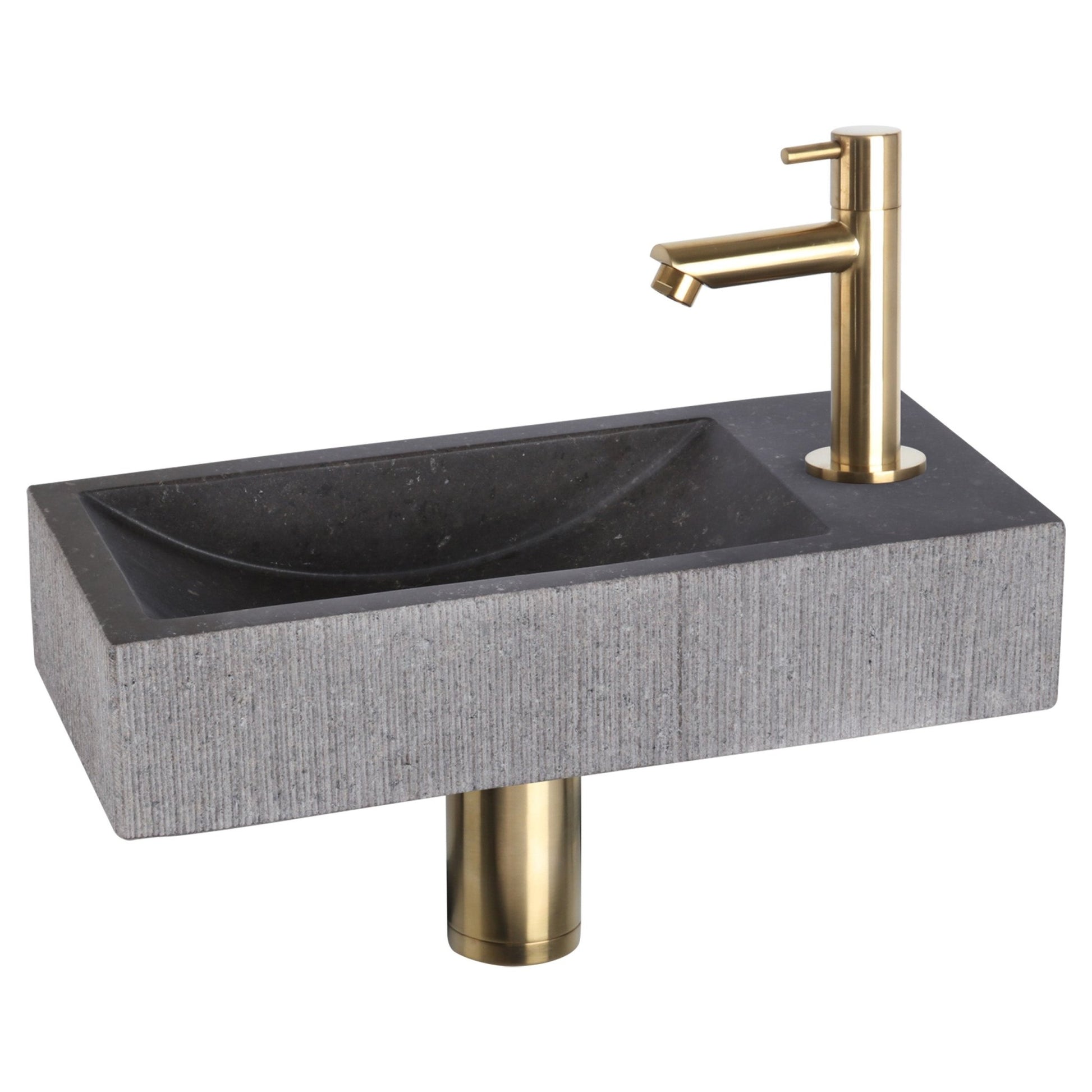 Differnz Ribble fonteinset bombai black - natuursteen - kraan recht - 38 x 18 x 8 cm - mat goud - Mozaiektegel.com