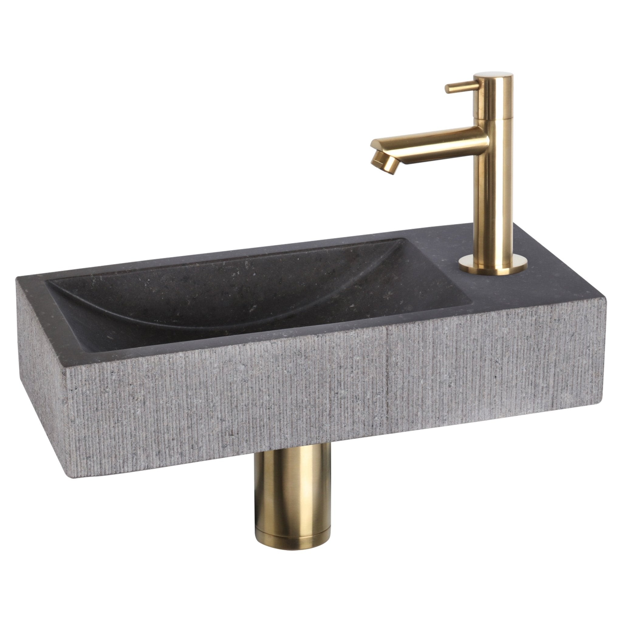 Differnz Ribble fonteinset bombai black - natuursteen - kraan recht - 38 x 18 x 8 cm - mat goud - Mozaiektegel.com