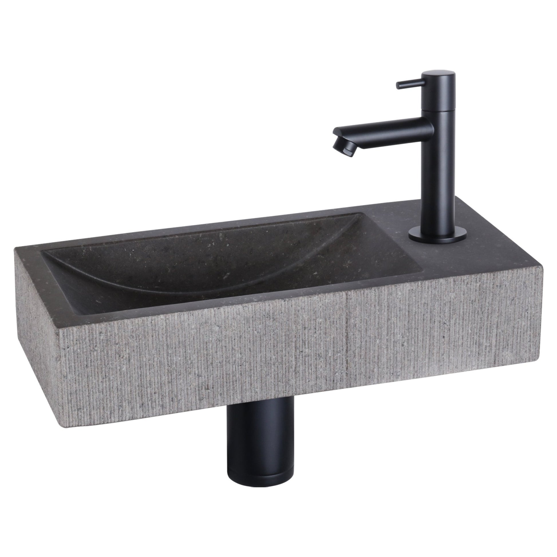 Differnz Ribble fonteinset bombai black - natuursteen - kraan recht - 38 x 18 x 8 cm - mat zwart - Mozaiektegel.com