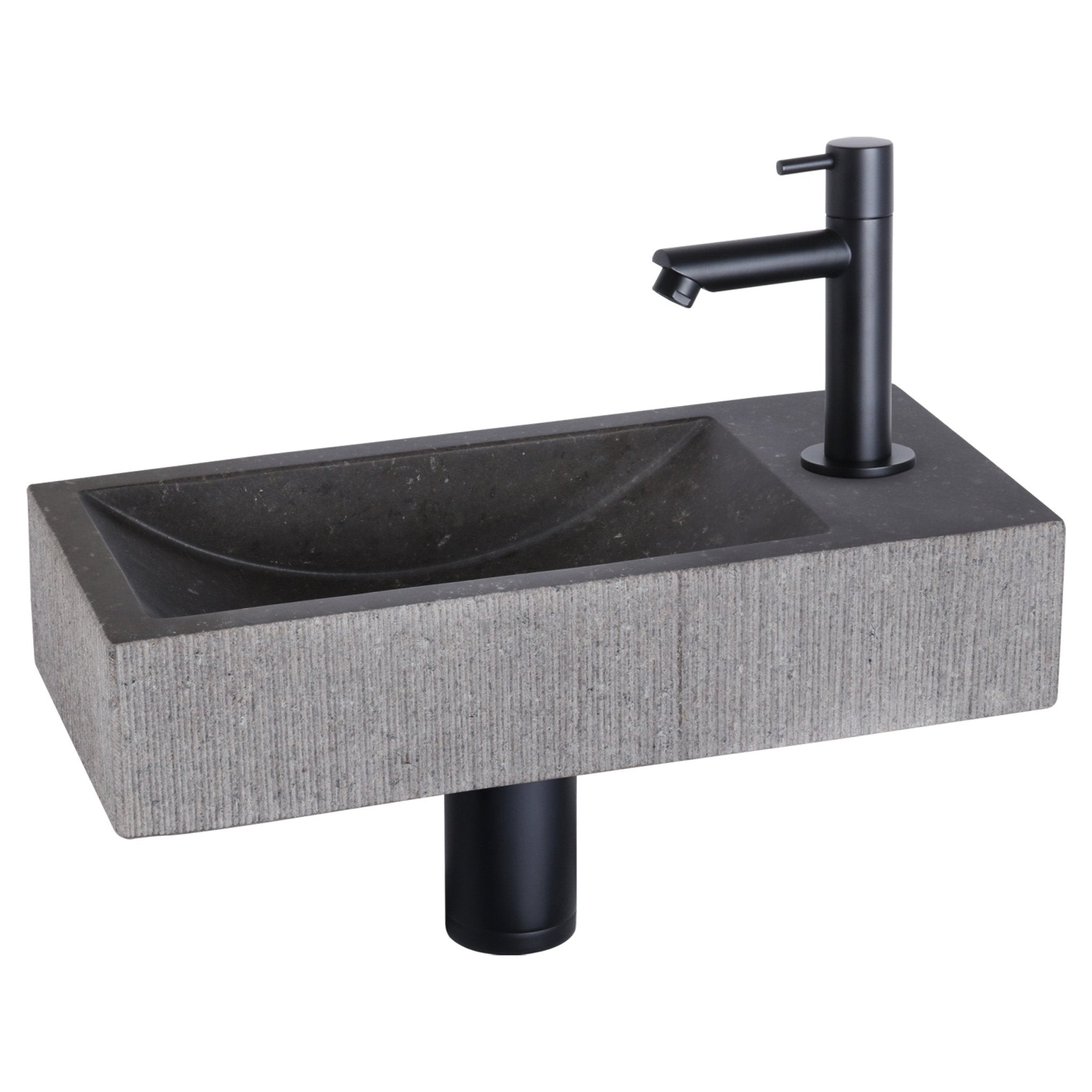 Differnz Ribble fonteinset bombai black - natuursteen - kraan recht - 38 x 18 x 8 cm - mat zwart - Mozaiektegel.com