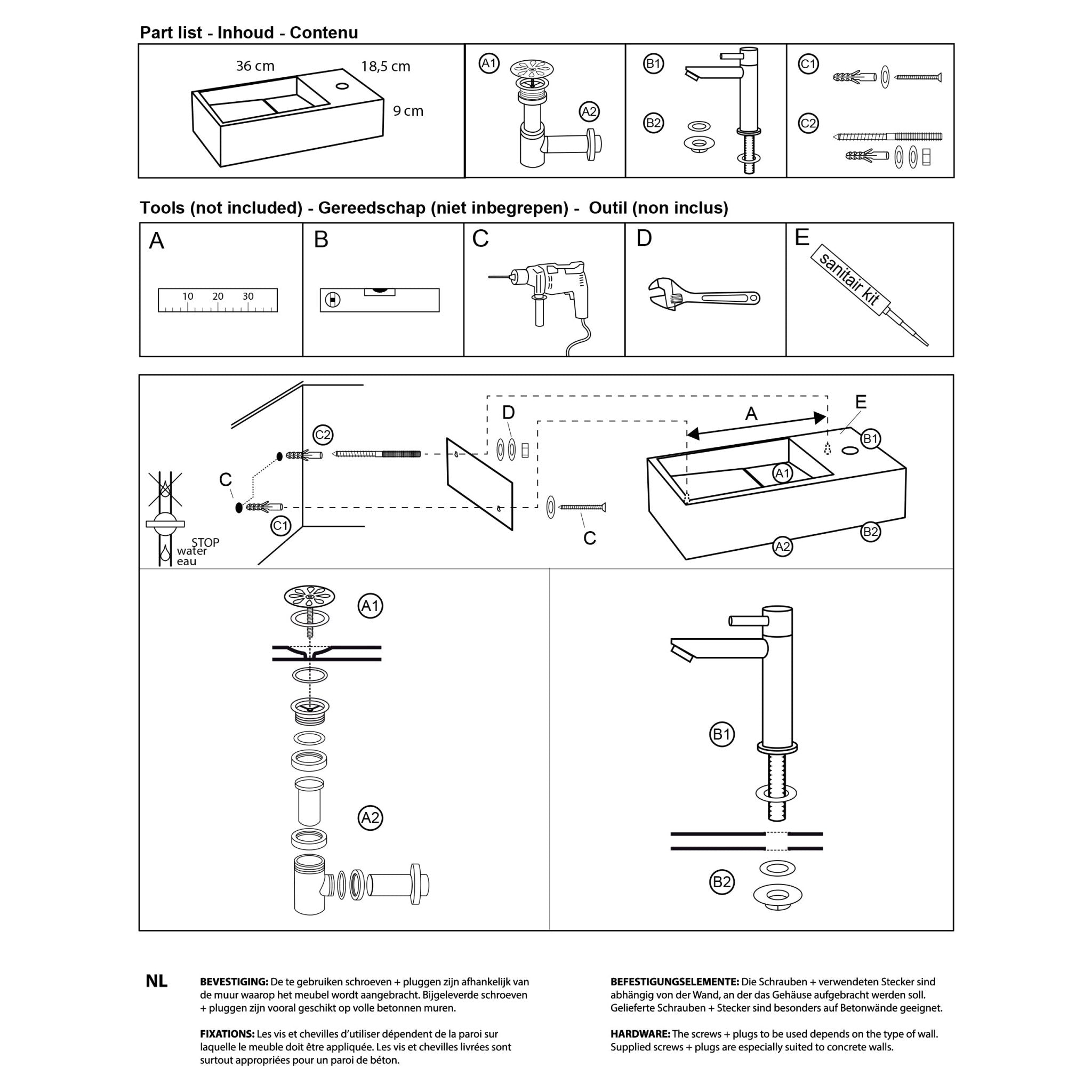 Differnz Solid fonteinset solid surface - kraan gebogen - 36 x 18.5 x 9 cm - mat chroom - Mozaiektegel.com