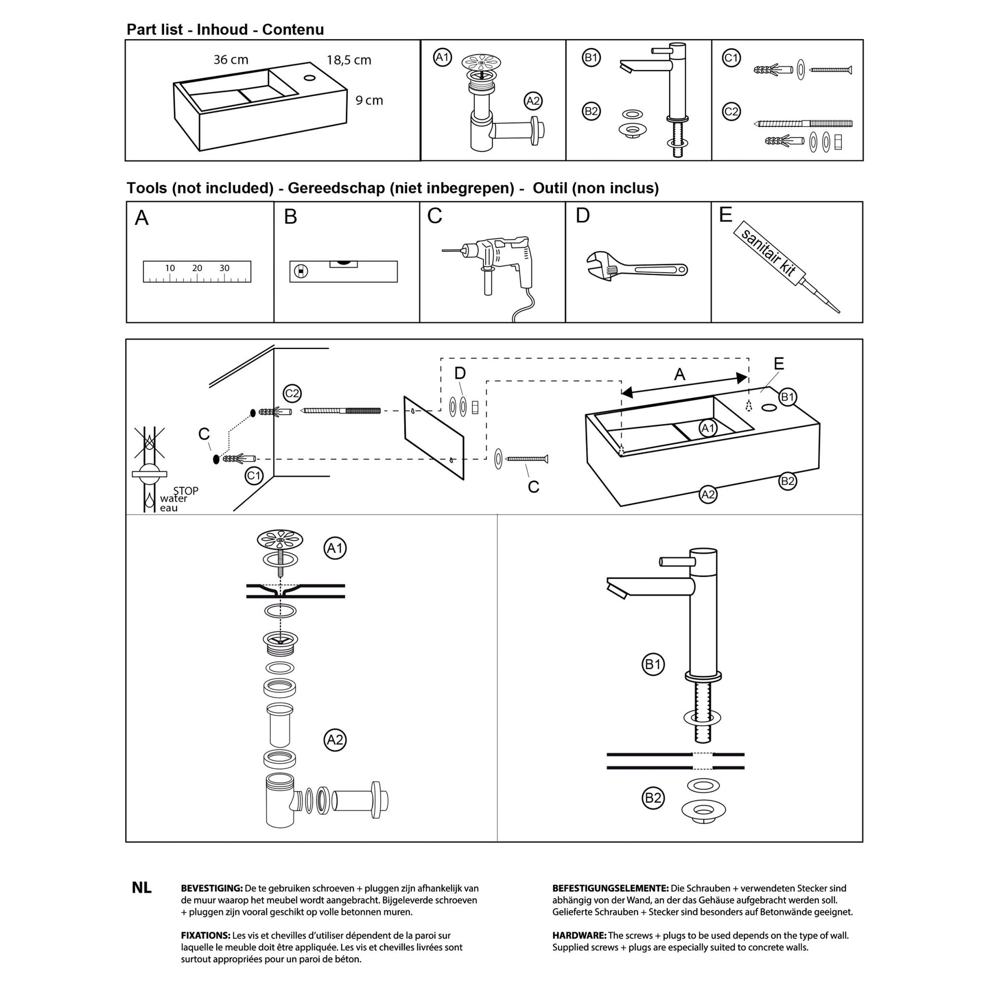 Differnz Solid fonteinset solid surface - kraan gebogen - 36 x 18.5 x 9 cm - mat zwart - Mozaiektegel.com
