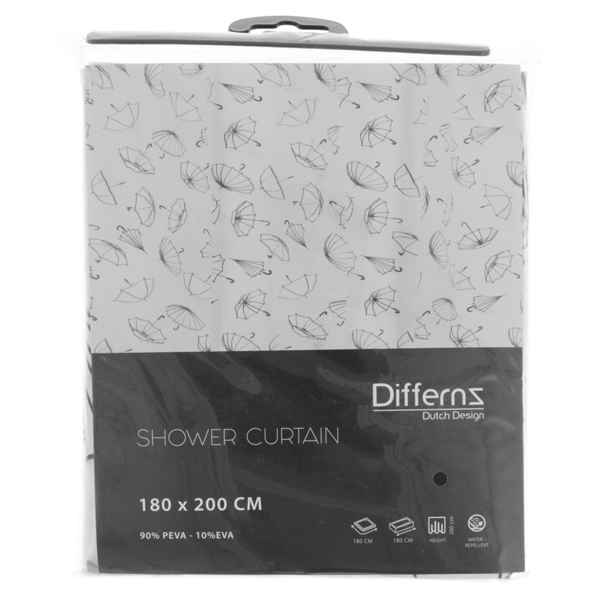 Differnz Umbrella douchegordijn 100% PEVA - waterdicht - 180 x 200 cm - zwart - Mozaiektegel.com
